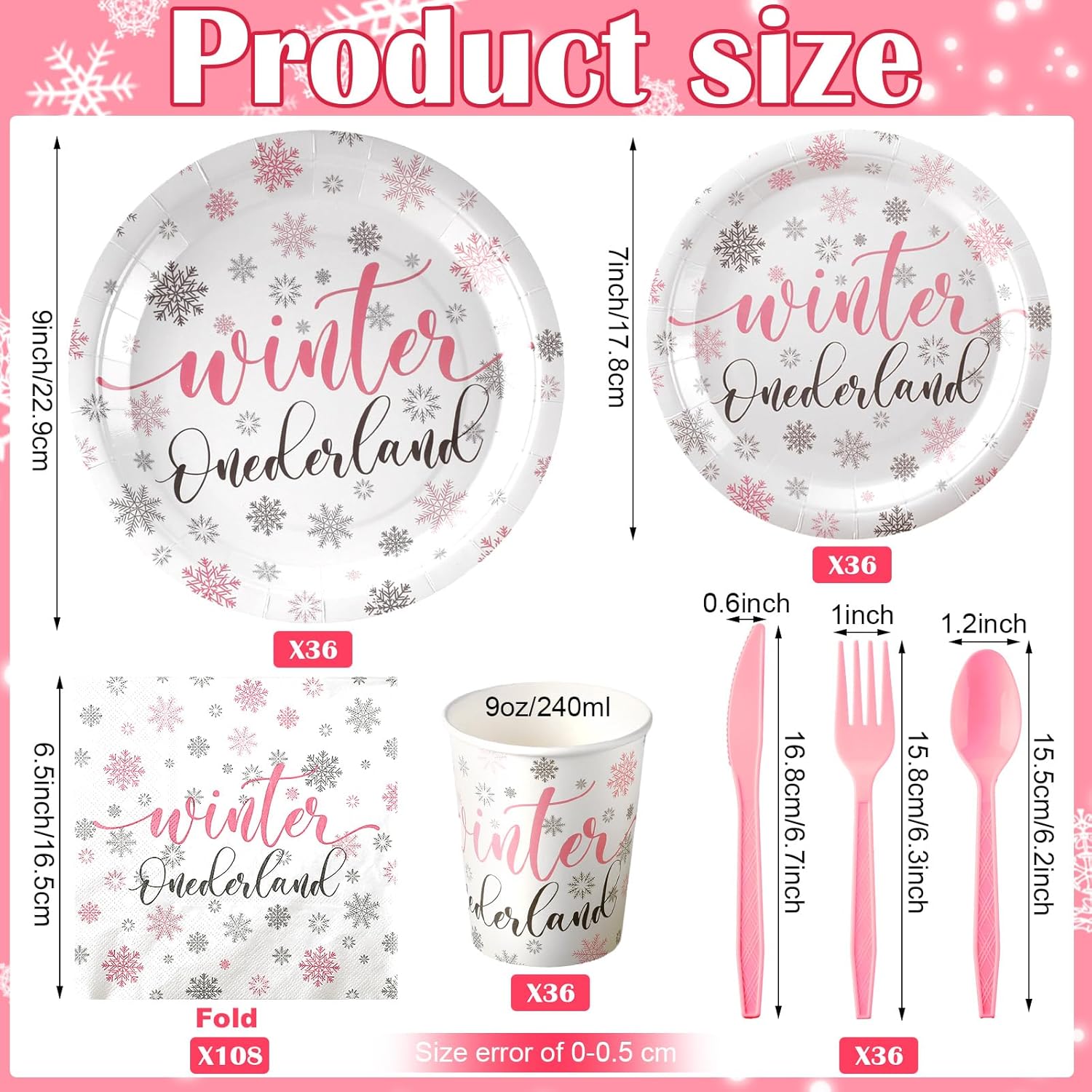 Juego de 324 platos y servilletas de copo de nieve rosa y plateado, vajilla desechable para fiesta de primer cumpleaños, platos de invierno del país