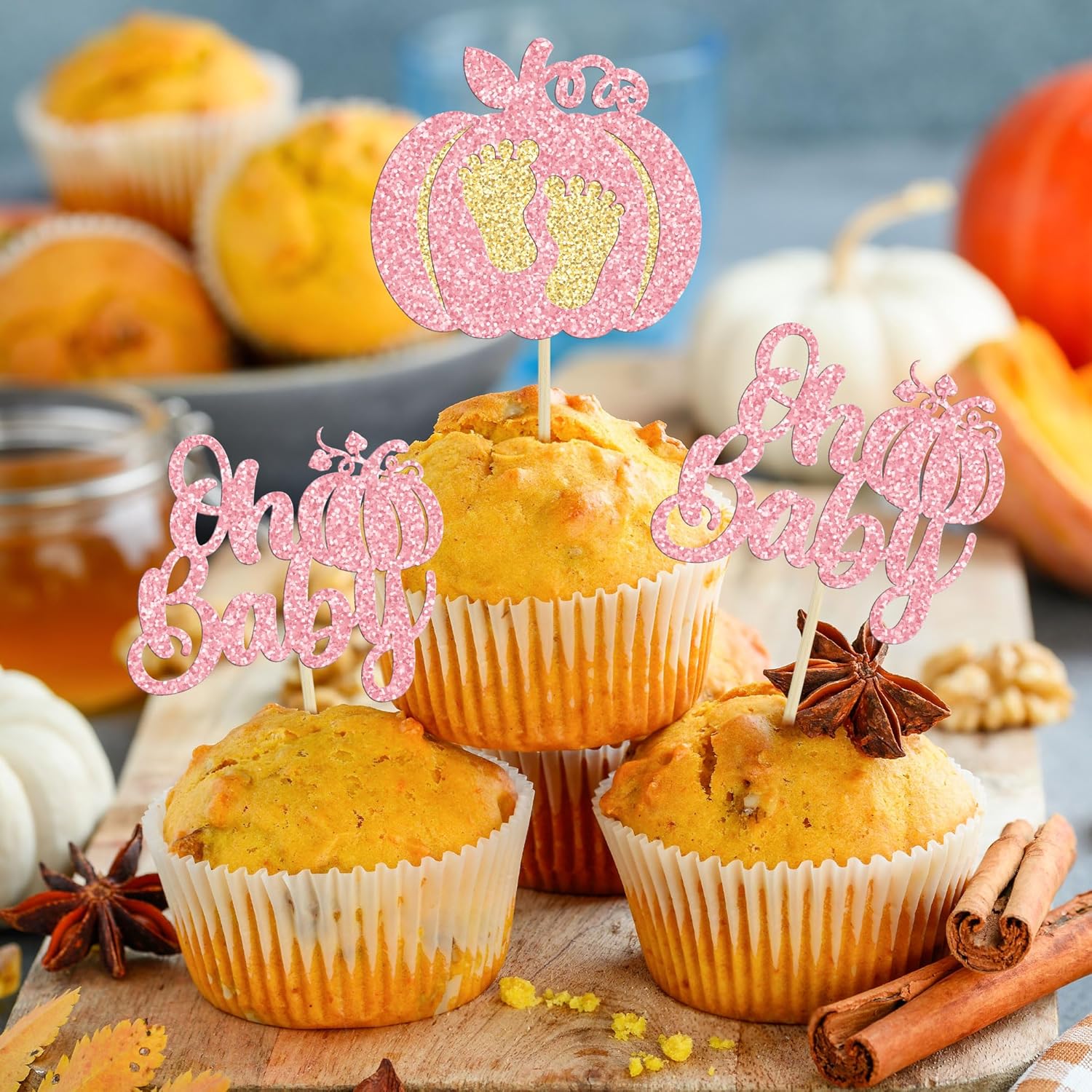 24 piezas de calabaza Oh Baby Cupcake Toppers Pink Glitter Pumpkin Cupcake Picks Boy Baby Shower Cake Decor for Pumpkin Theme Reveal Kids Birthday