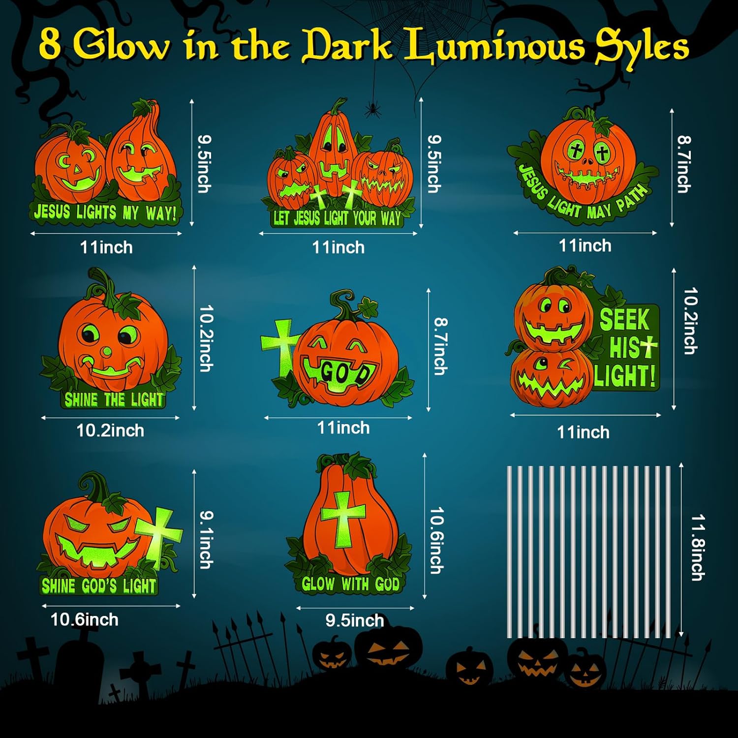 8 letreros luminosos de calabaza cristiana para jardín con estacas que brillan en la oscuridad para Halloween, espeluznante calabaza, césped,