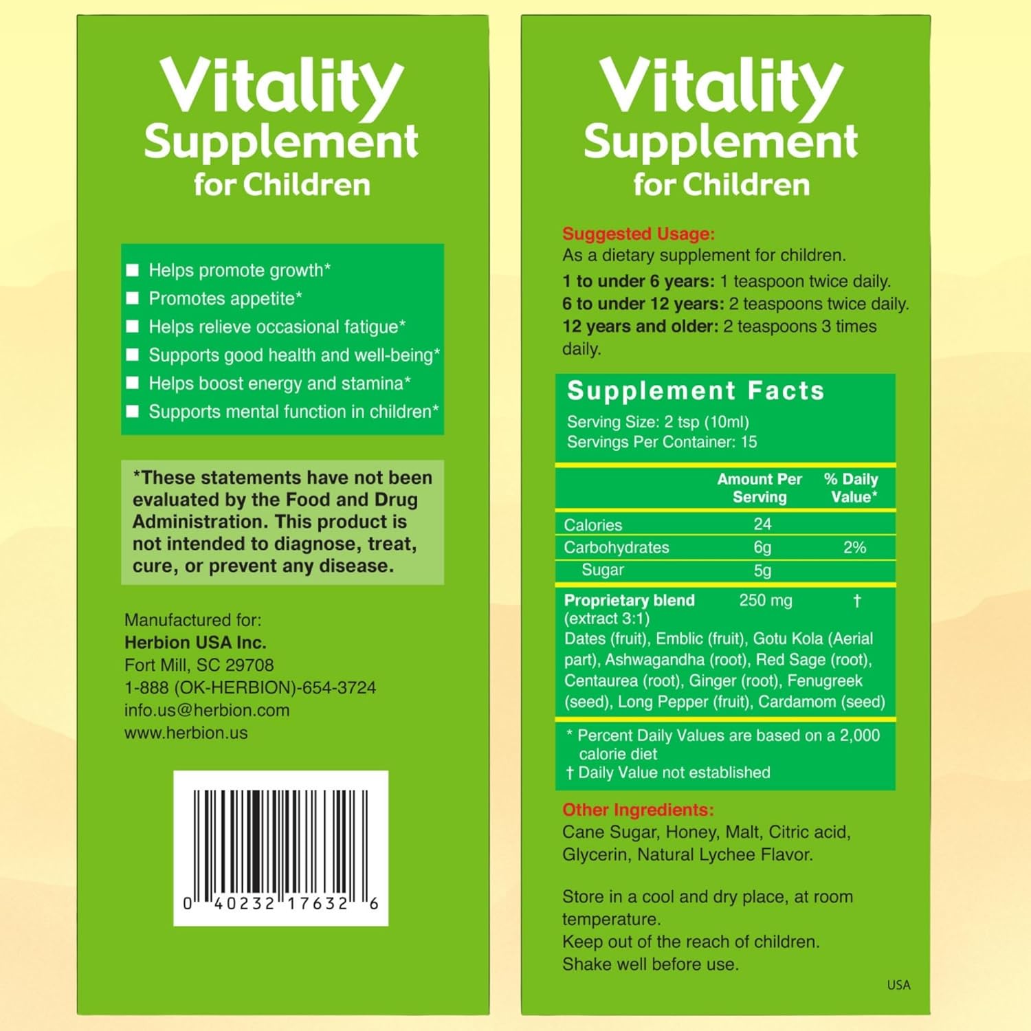 Herbion Naturals Suplemento Vitality para niños  Promueve el crecimiento y el apetito  Alivia la fatiga  Mejora el rendimiento mental y físico  5