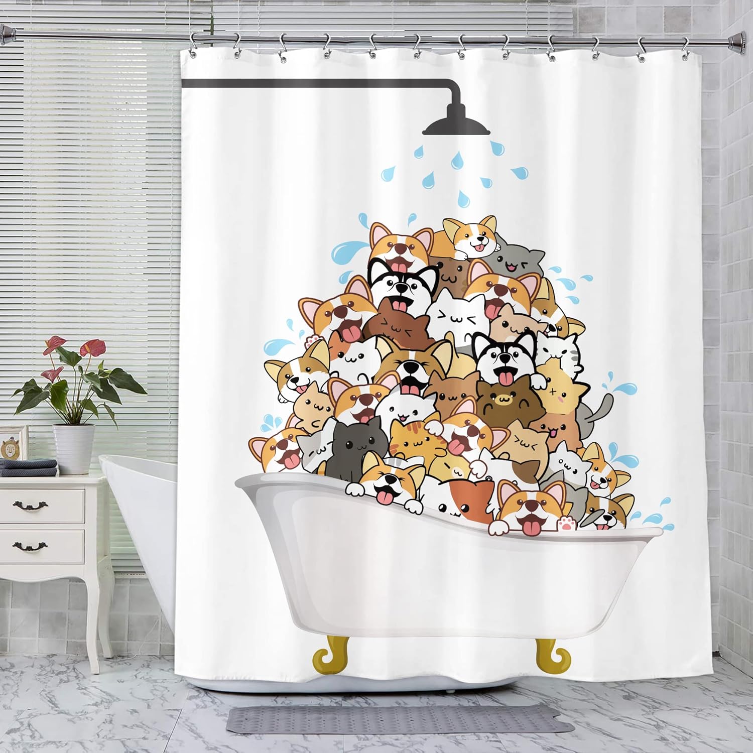SVBright Cortina de ducha de gatos y perros, diseño de Corgi de dibujos animados para niños, 72 pulgadas de ancho x 72 pulgadas de largo, divertidas