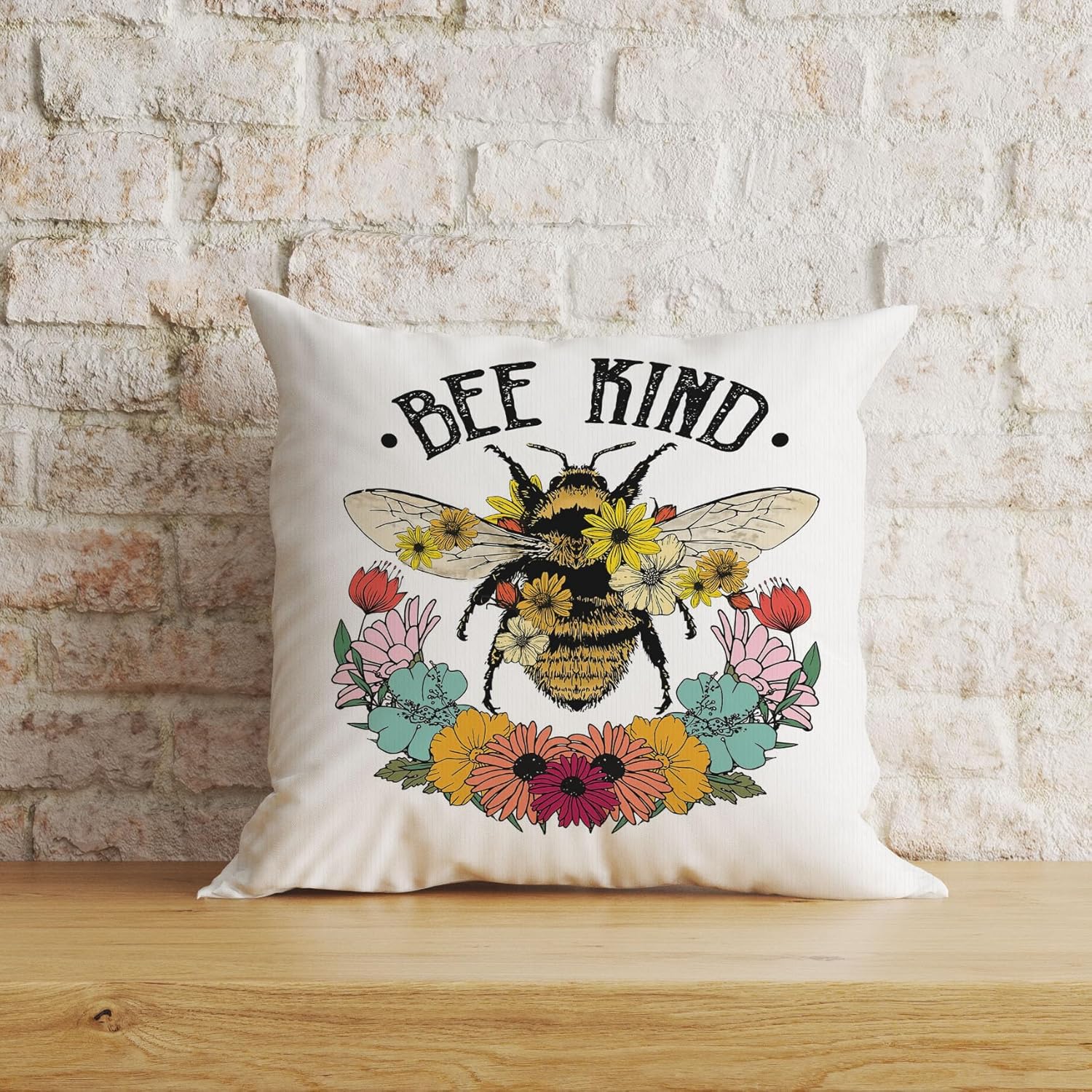 Bee Kind – Funda de almohada de flores silvestres y abeja, 18 x 18 pulgadas, para primavera, verano, decoración del hogar, sala de estar, funda de