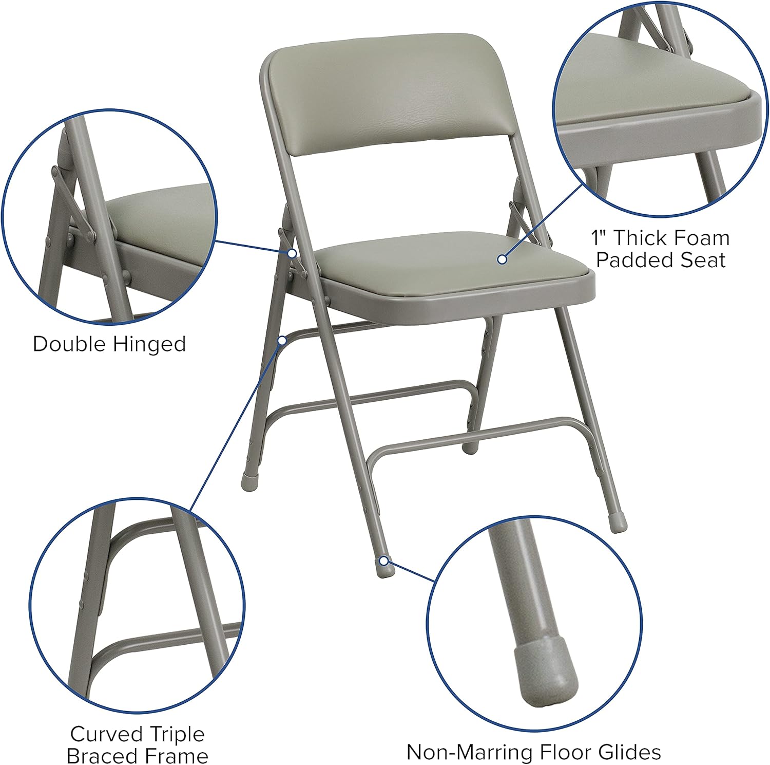 Flash Furniture HERCULES Series – Silla plegable de metal de vinilo gris curvada con triple soporte y doble bisagra, 2 unidades