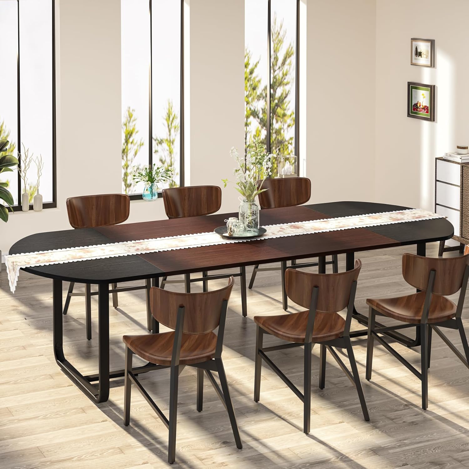Tribesigns Mesa de comedor ovalada moderna de 70.86 pulgadas con tablero de empalme de acabado nogal y negro, mesas de cocina curvadas para 6-8,