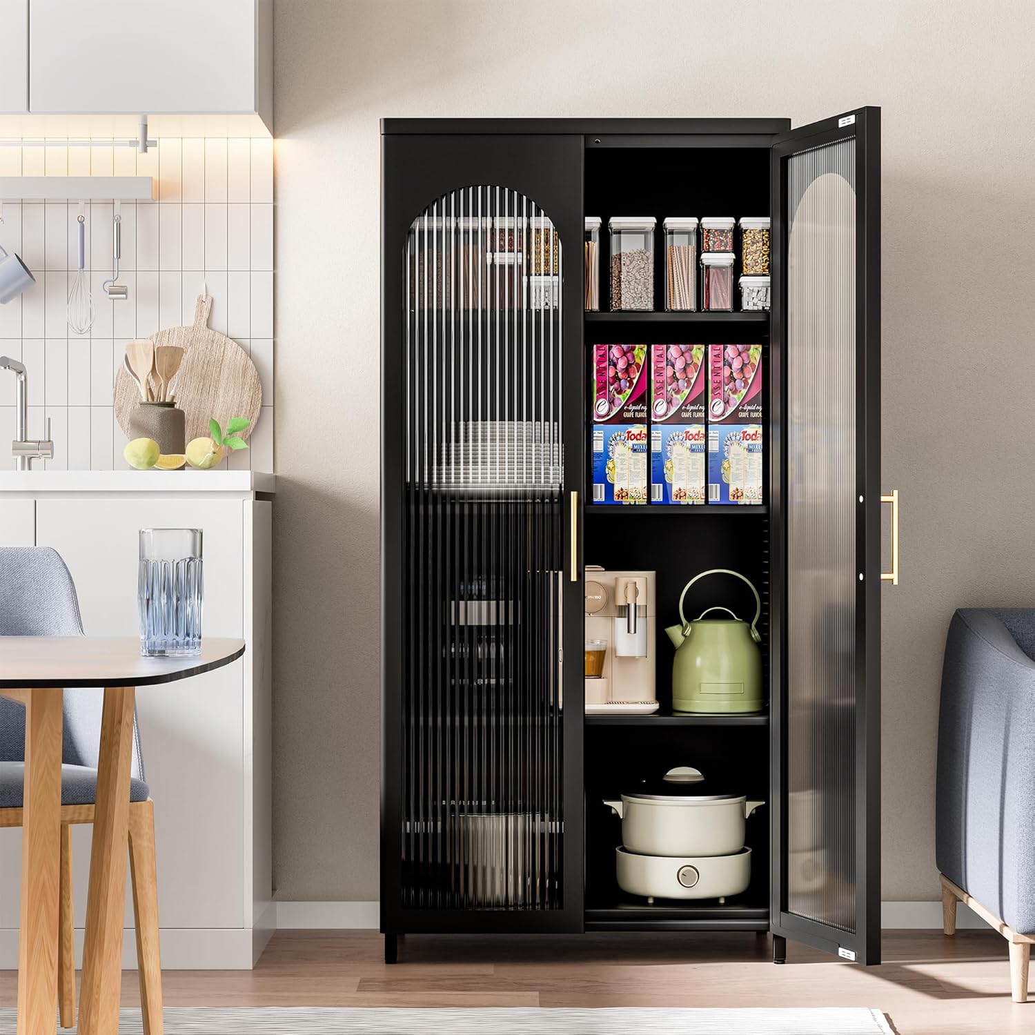 Armario de almacenamiento de metal de 59 pulgadas con puertas de cristal, vitrina de cristal para sala de estar, comedor y cocina, aparador