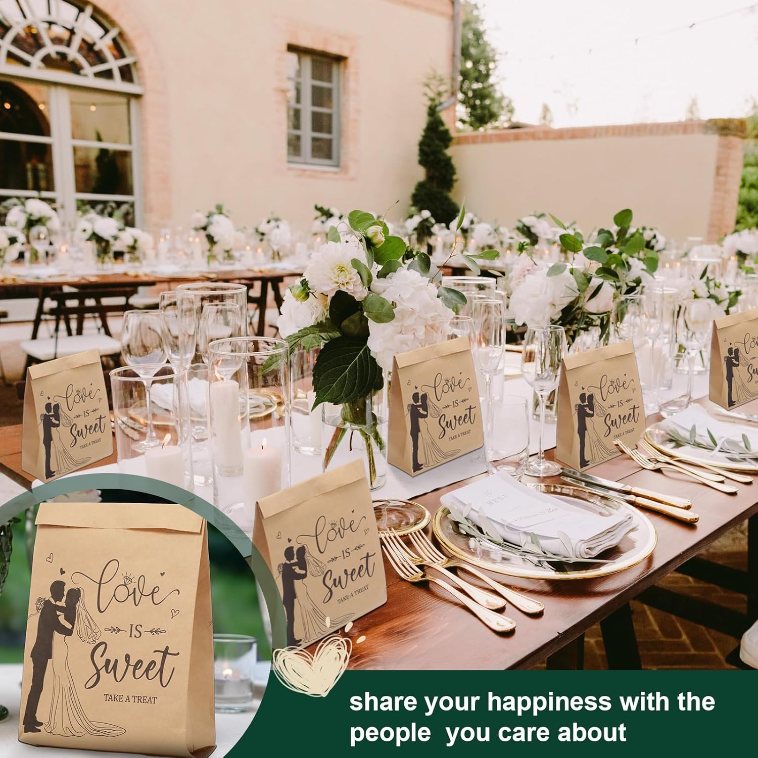 200 bolsas de regalo de boda a granel de papel kraft a prueba de aceite para fiestas, bolsas de galletas Love Is Sweet Take a Treat para bodas,