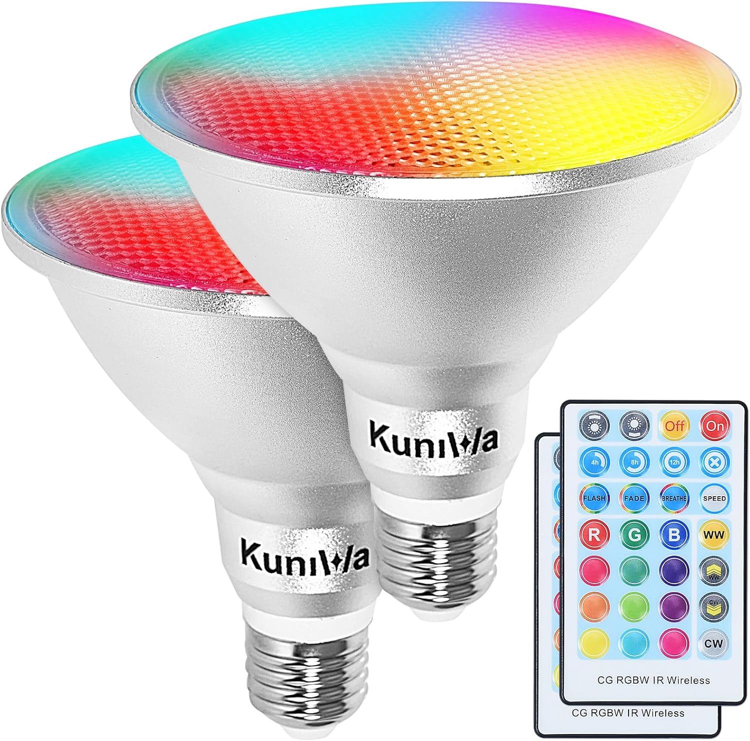 Kuniwa Paquete de 2 bombillas de inundación PAR38 para exteriores de 30 W, LED que cambia de color a prueba de agua, equivalente a 100 W,