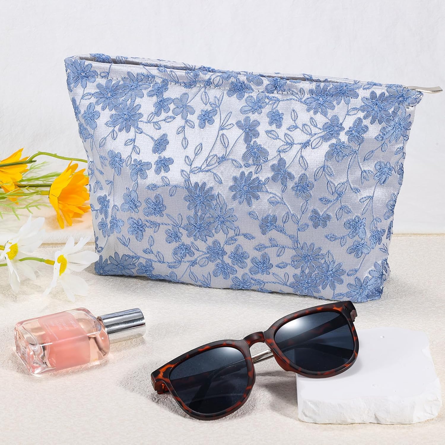 ZLFSRQ Bolsa de maquillaje de flores de margarita, bolsas de cosméticos para mujer, bolsa de maquillaje grande con cremallera, bolsa de cosméticos