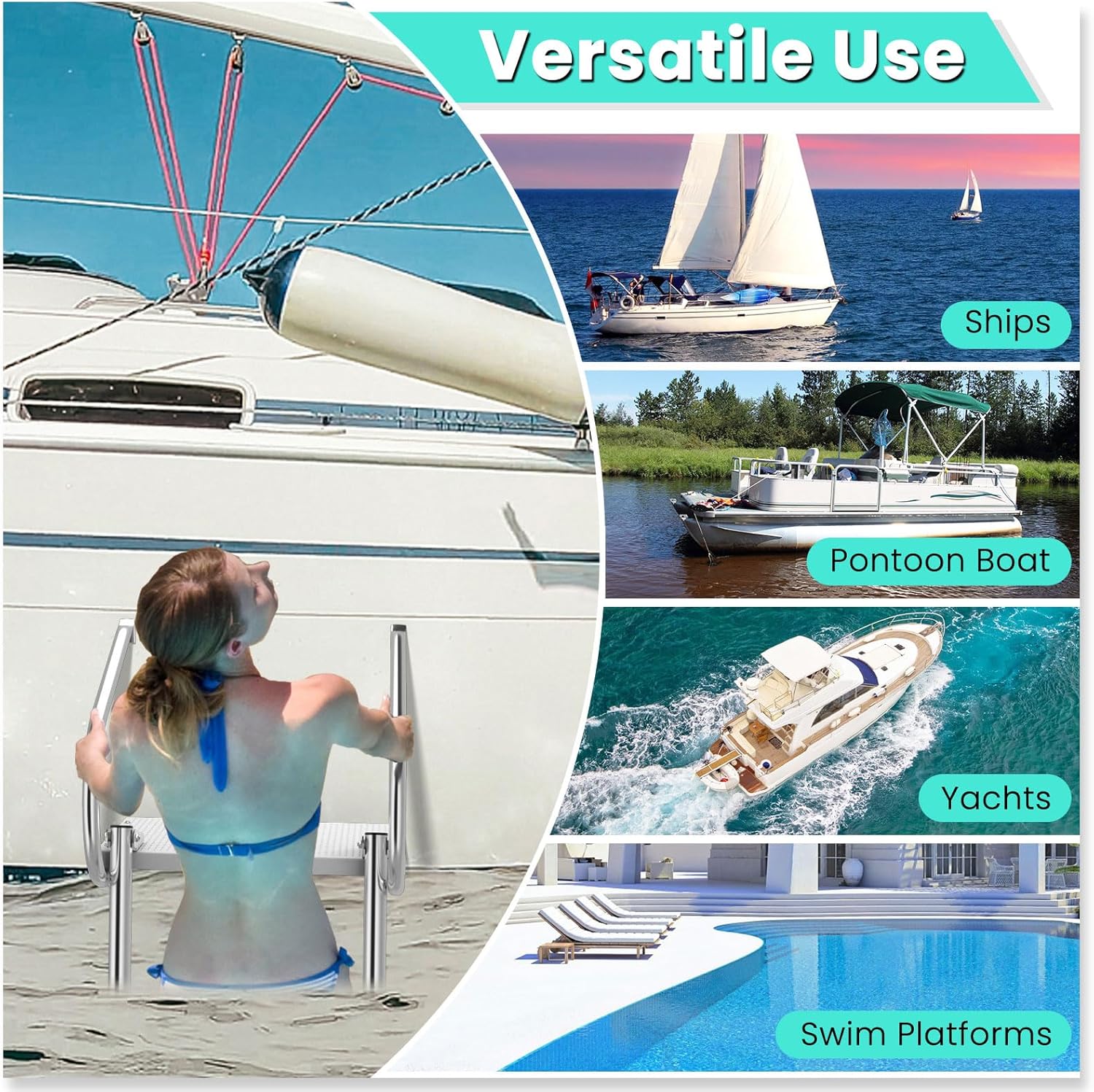 Goplus Escalera de barco con plataforma de natación de 3 escalones, escalera plegable telescópica con pasamanos, 3 pasos antideslizantes, escalera