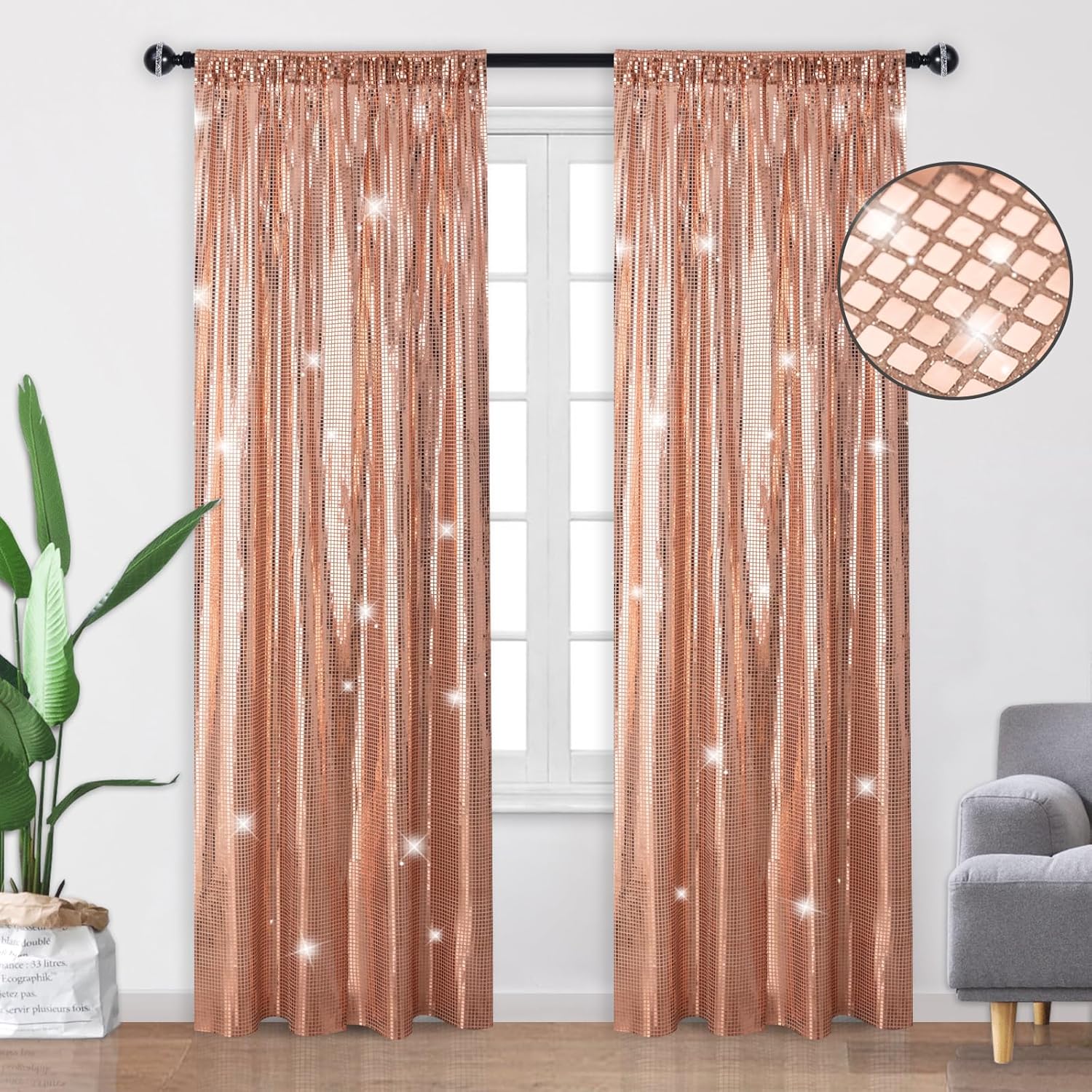 Cortina de telón de fondo de lentejuelas color oro rosa, 2 paneles de 2 x 8 pies, con purpurina, para decoración de pared de boda, cumpleaños