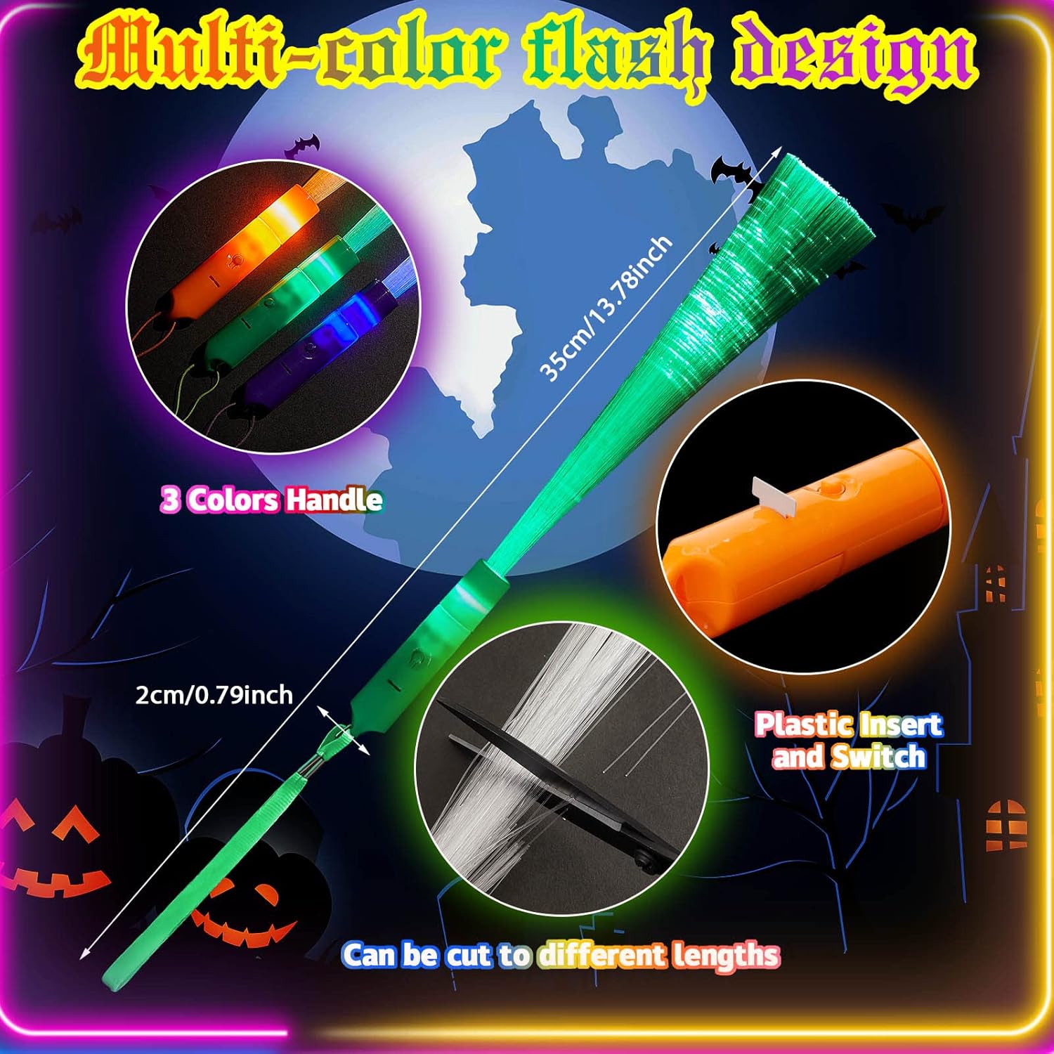 Varitas de fibra óptica para Halloween, varitas de fibra brillante, varillas de luz LED iluminadas coloridas para Halloween, regalos de fiesta de