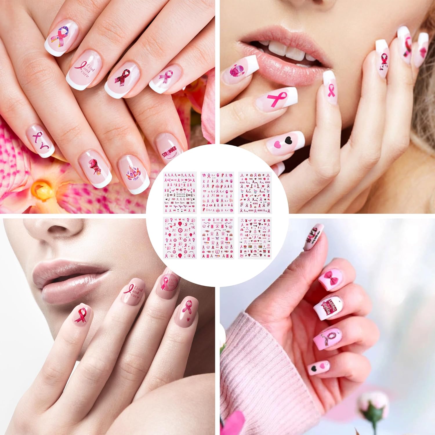 Calcomanías para arte de uñas con conciencia sobre el cáncer de mama, 6 hojas de calcomanías autoadhesivas 3D, calcomanías de uñas de cinta rosa con