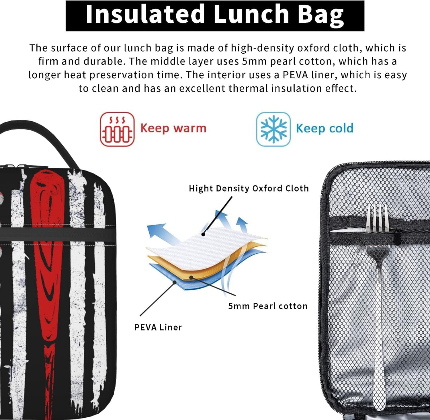 Lonchera de béisbol con bandera estadounidense, bolsa de almuerzo deportiva, reutilizable, bolsa de mano para mujeres y hombres, picnic y viajes