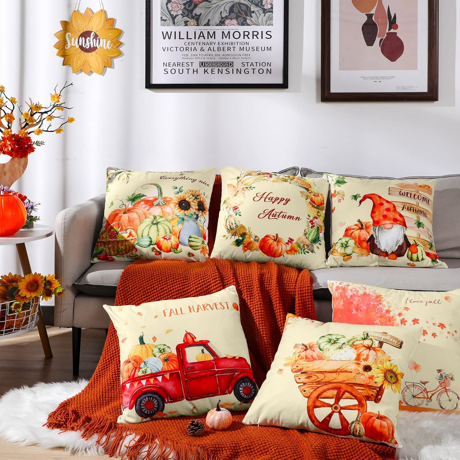 Paquete de 6 fundas de almohada de otoño de 18 x 18 pulgadas, fundas de almohada de cosecha de calabaza, hojas de arce, calabaza, bicicleta, camión,