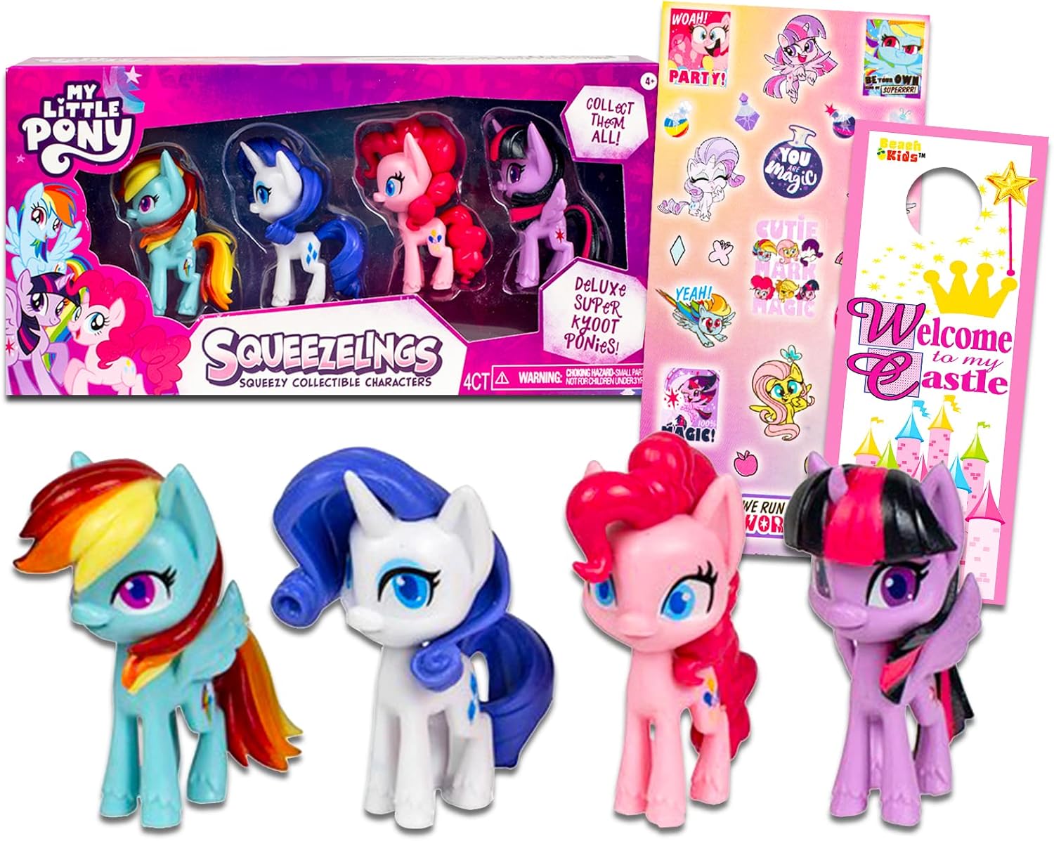 MLP – Juego de juguetes para apretar  Paquete de 3 piezas con juguetes para apretar MLP, calcomanías MLP y colgador de puerta de princesa de playa