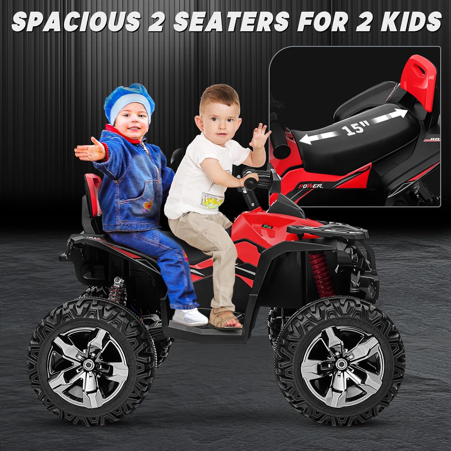 ATV 4 ruedas para niños, juguetes de paseo de 24 V 4WD con 2 plazas, motor potente de 4 x 200 W, funciona con batería de 9 AH, música Bluetooth,