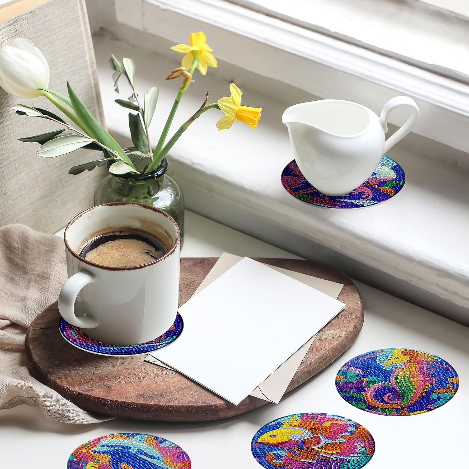 Juego de 8 posavasos de pintura artística de diamantes con soporte para bricolaje criaturas del fondo marino, posavasos de arte de diamante,