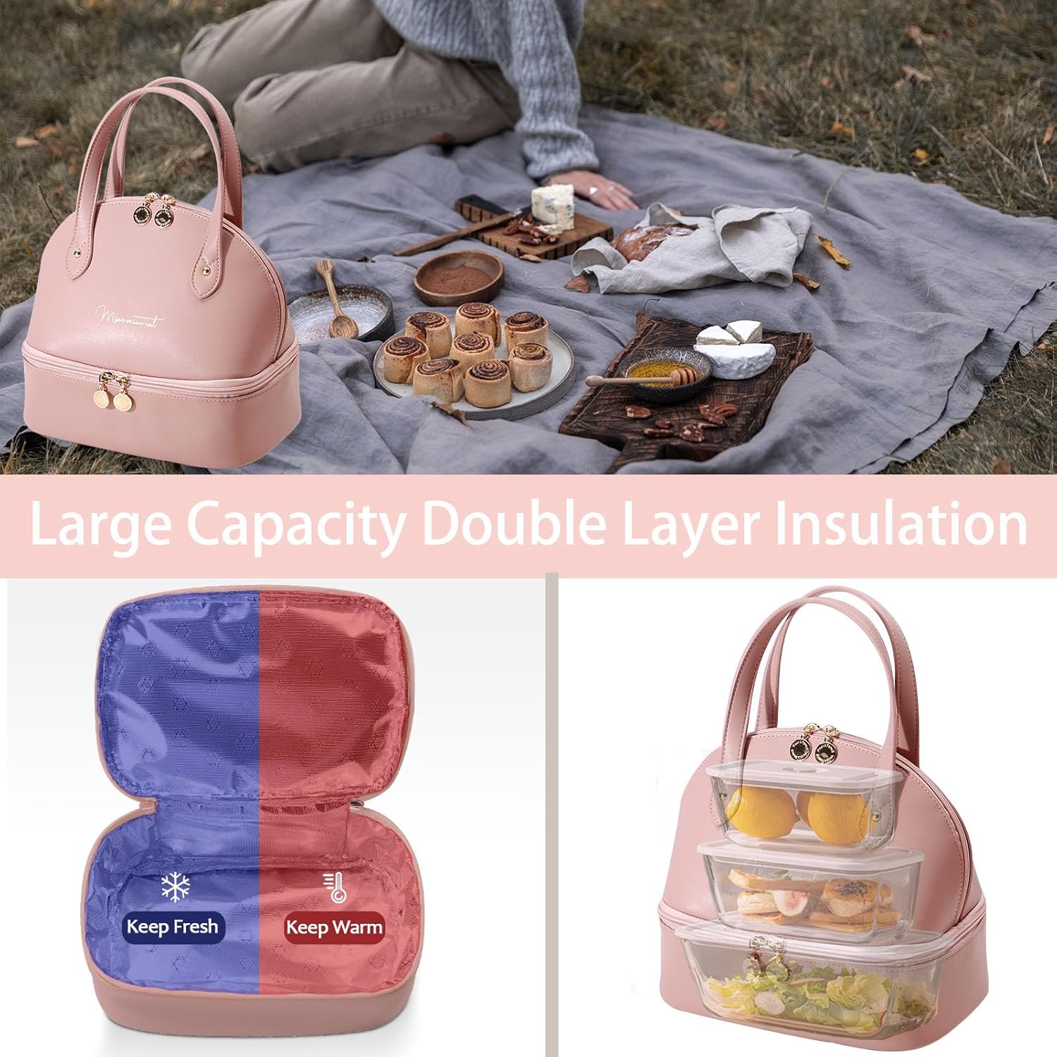 Bolsa de almuerzo pequeña con compartimento aislante para el almuerzo, bolsa de almuerzo para mujer, para el trabajo, picnic, viajes, simple y