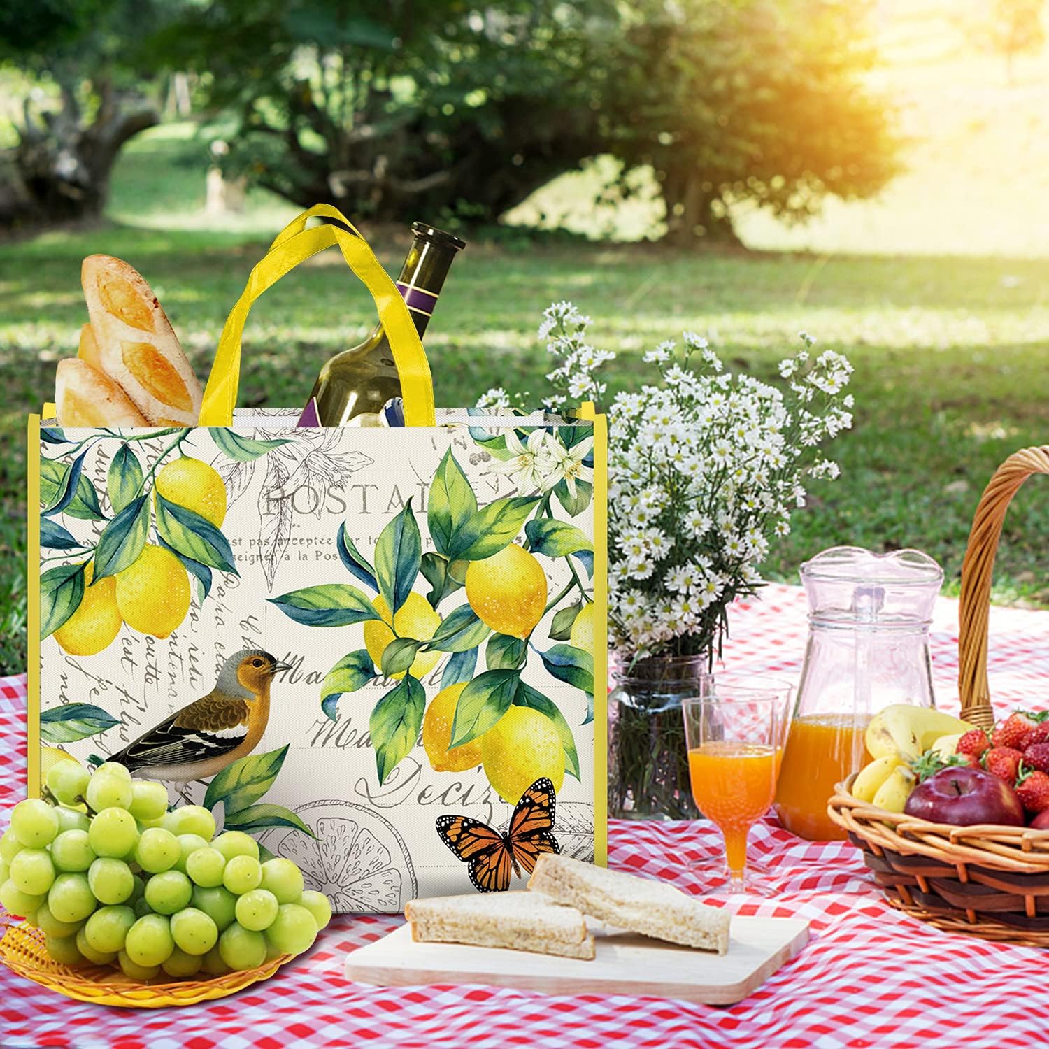 NymphFable Paquete de 5 bolsas de compras reutilizables con limones, pájaros, mariposas, lavables, bolsas de tela