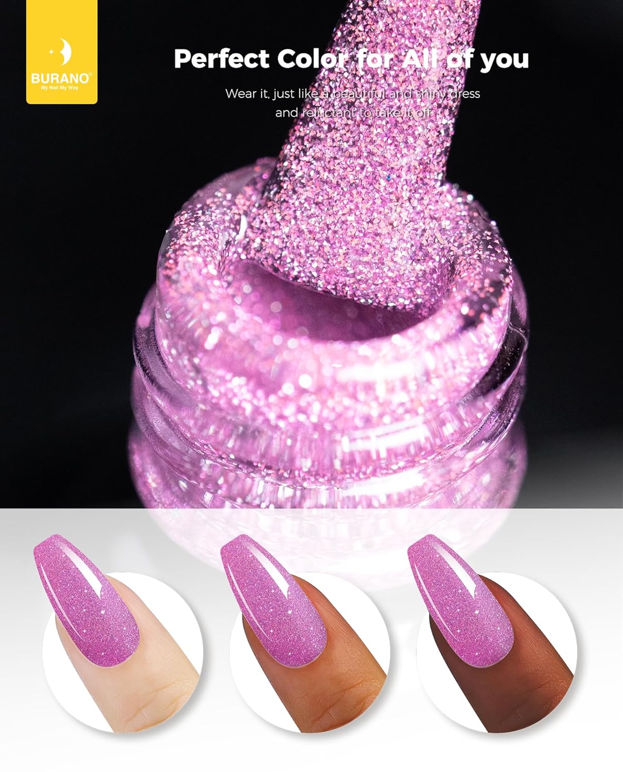 BURANO Esmalte de uñas de gel reflectante, esmalte de gel reflectante con purpurina de diamante de 0.2 fl oz, esmalte de gel de color brillante,