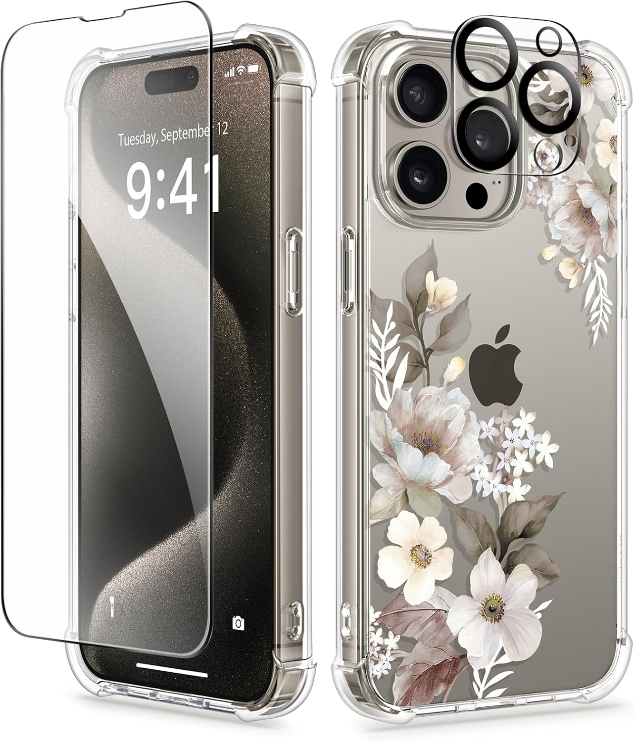 GVIEWIN Funda para iPhone 15 Pro Max floral, con protector de pantalla y protector de lente de cámara, PC duro + TPU parachoques a prueba de golpes,