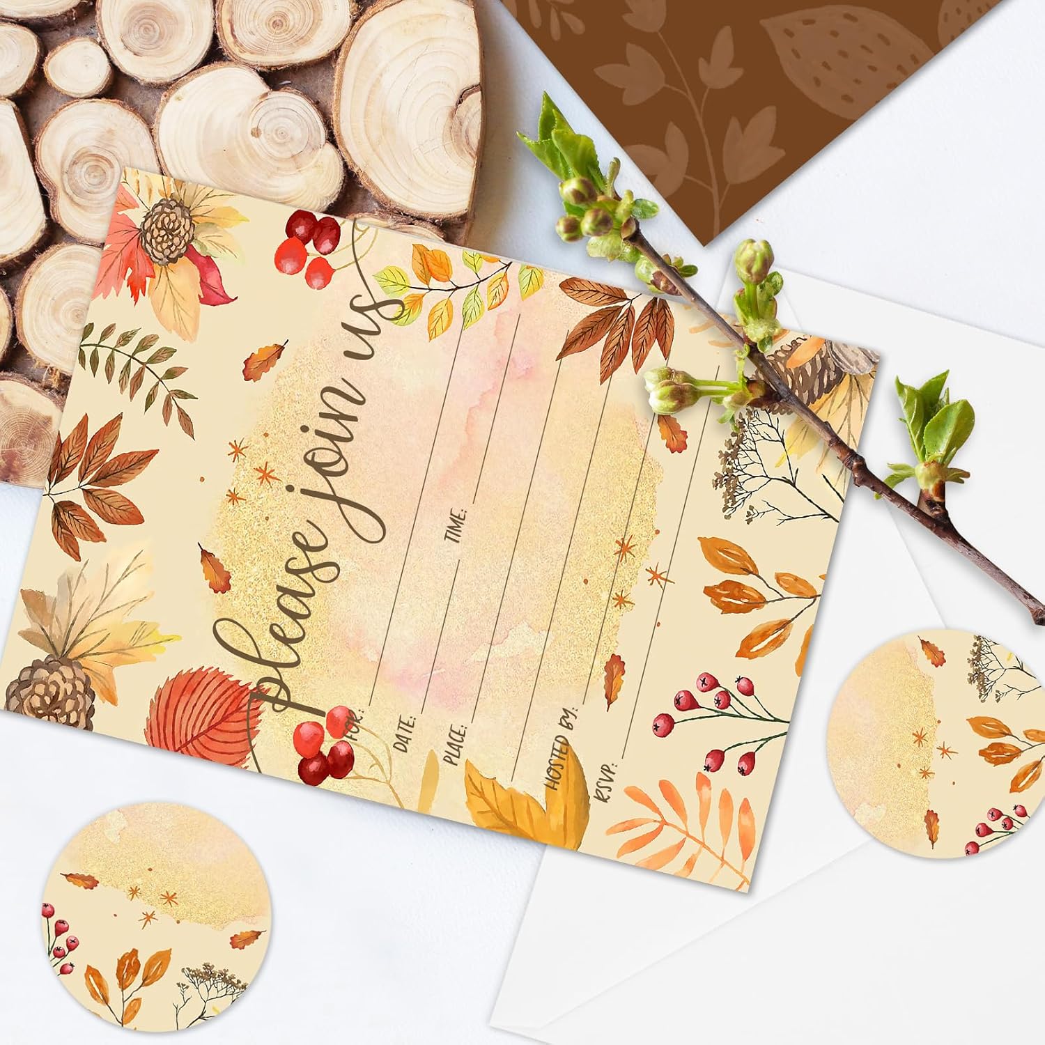 AnyDesign – Invitaciones vintage de otoño, 25 juegos de tarjetas de invitación de otoño con sobres, calcomanías de acuarela botánica en blanco para