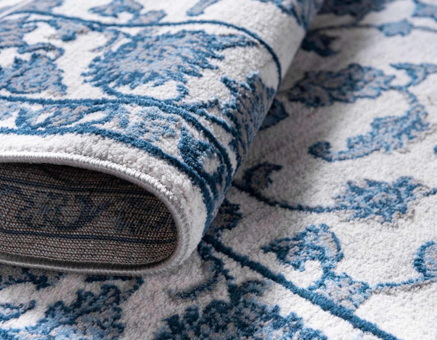 Unique Loom Boston Collection – Alfombra de área con diseño floral (3 pies 3 pulgadas, redonda, blanco, azul y gris)