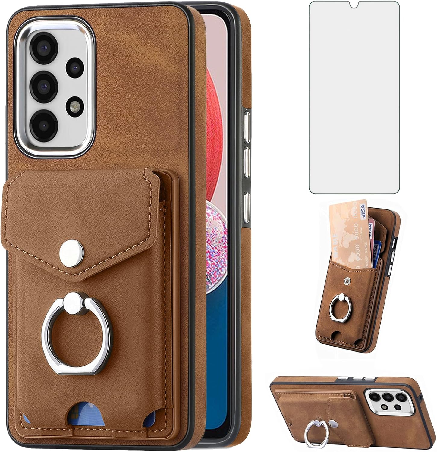 Asuwish Compatible con Samsung Galaxy A13 4G – Funda tipo cartera y protector de pantalla de vidrio templado, soporte para tarjetas, anillo