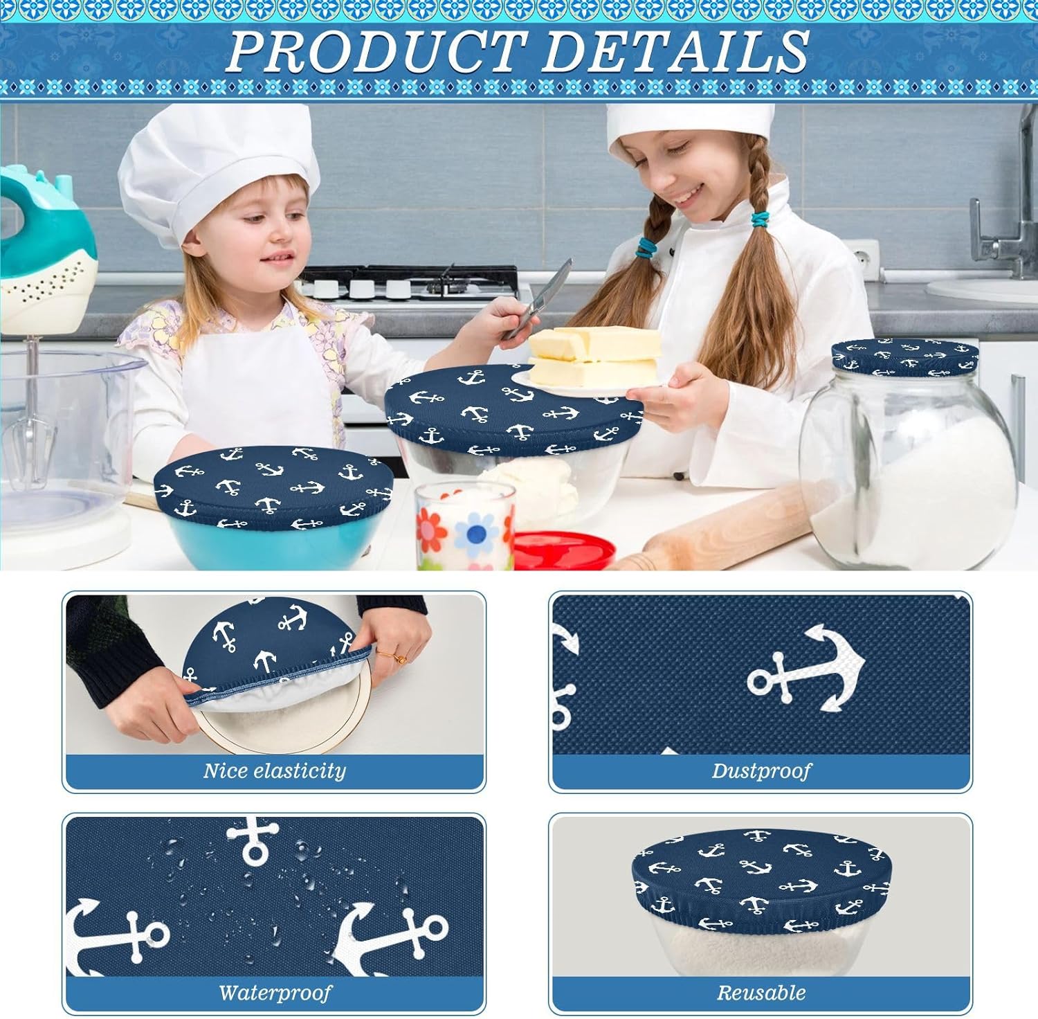 Anchors 5PCS Reusable Elastic Bowl Covers for Food Storage Stretch Cloth Fabric Lids with 5 Different Sizes Waterproof Bowl Covers for Fruits