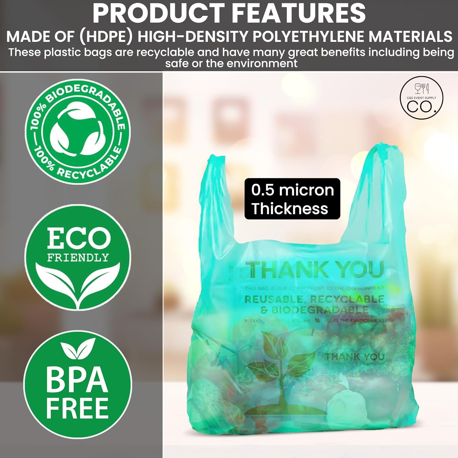 C&S Event Supply Co. Bolsa ecológica verde, bolsas de plástico con asas, bolsas de compras de plástico para comestibles, bolsas de plástico