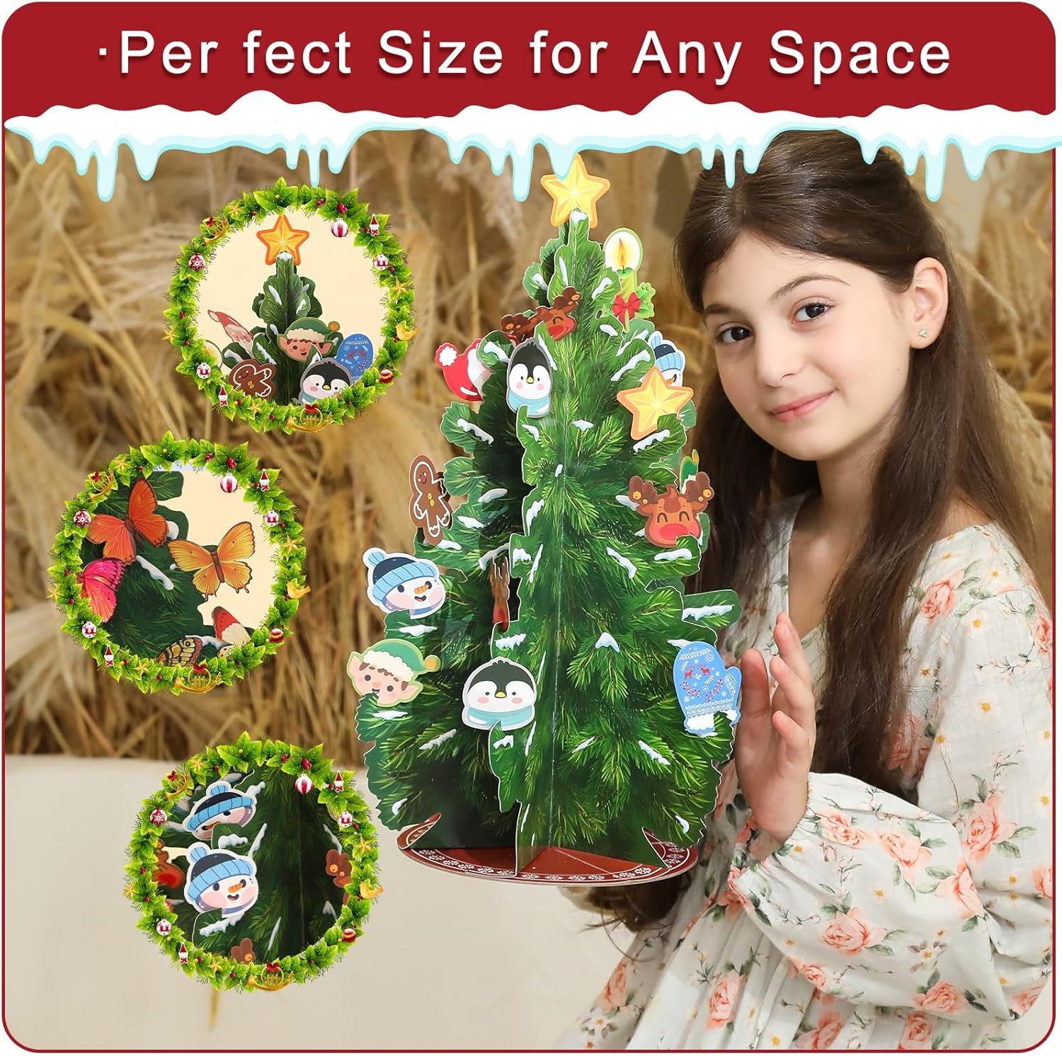 Árbol de Navidad plegable desplegable de 19.7 pulgadas, decoración del hogar, con mariposa, decoración de Navidad, tarjetas, sobres, para decoración
