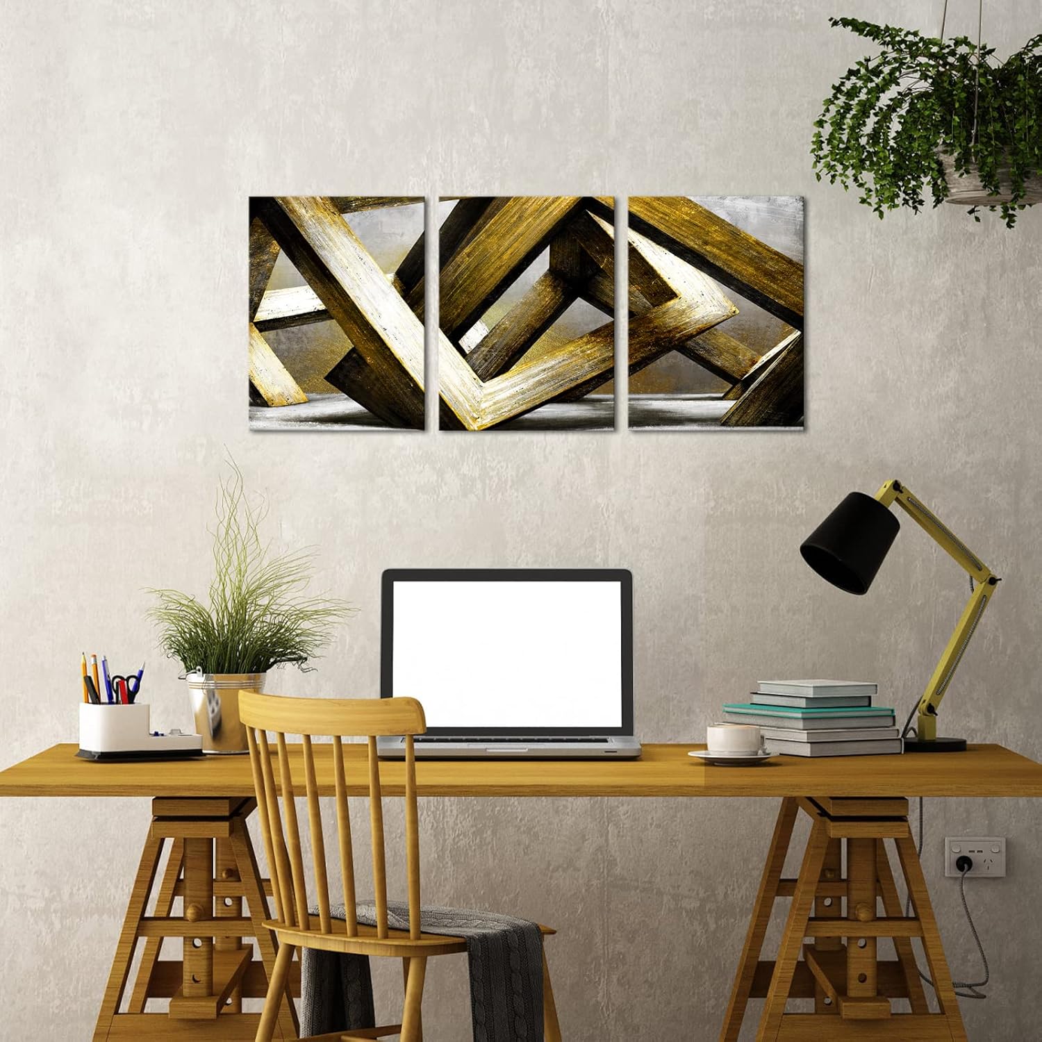 Kalormore Lienzo abstracto dorado y gris, arte para pared, hormigón brutalista, construcción de ciudades, paisaje urbano, listo para colgar, para