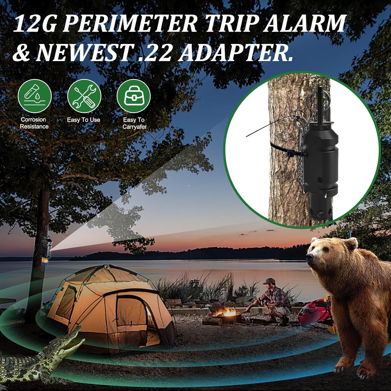 Alarma de viaje perimetral, dispositivo de alarma de alambre de viaje de campamento de calibre 12 con adaptador .22, sistema de seguridad de alerta