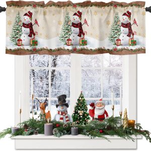 Cenefa de cortina de Navidad de 54 x 18 pulgadas, cenefas de muñeco de nieve para ventana, cortinas con bolsillo para barra, cortina corta de encaje Cenefa de cortina de Navidad de 54 x 18 pulgadas, cenefas de muñeco de nieve para ventana, cortinas con bolsillo para barra, cortina corta de encaje