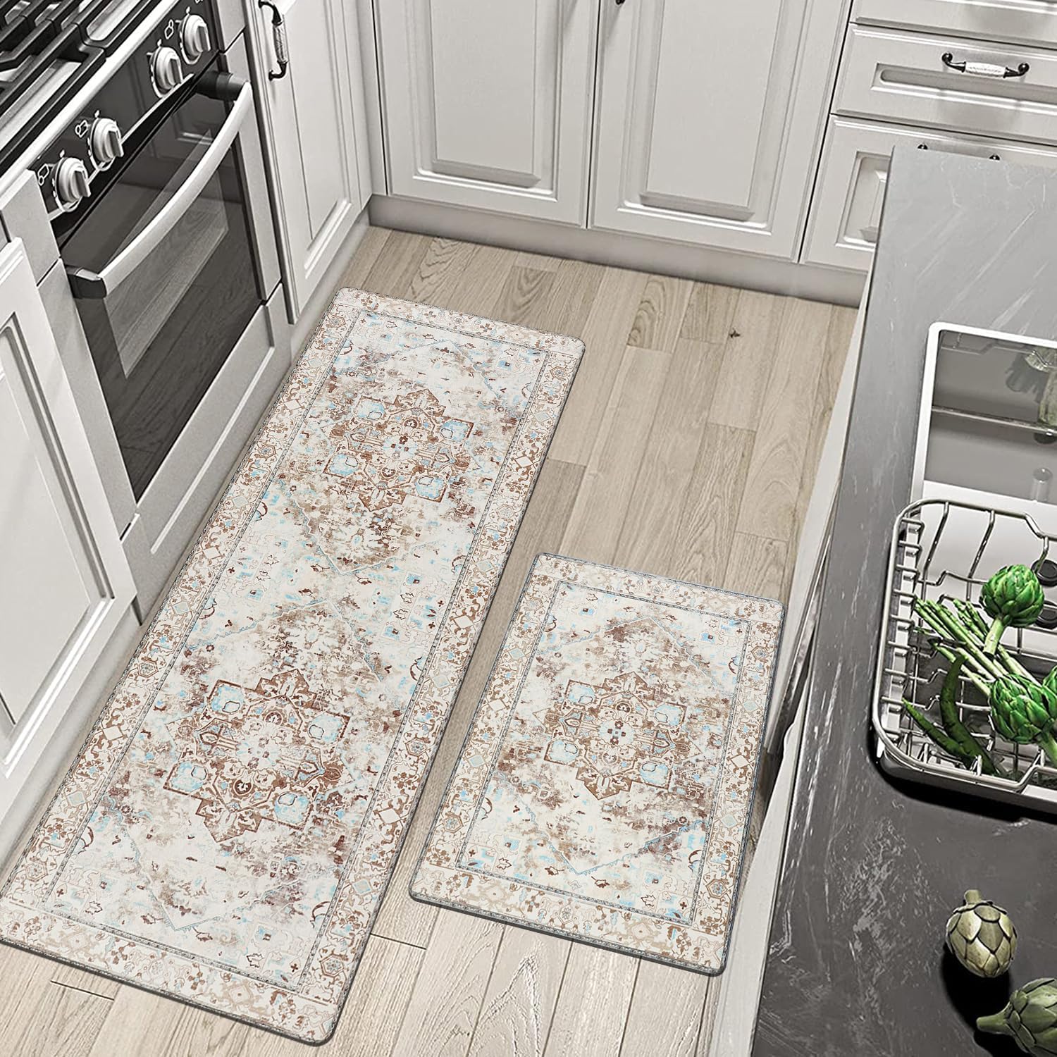 Cekene Juego de 2 alfombras y tapetes acolchados para cocina, antifatiga, tapetes de cocina para piso, tapetes de cocina estilo bohemio de granja,