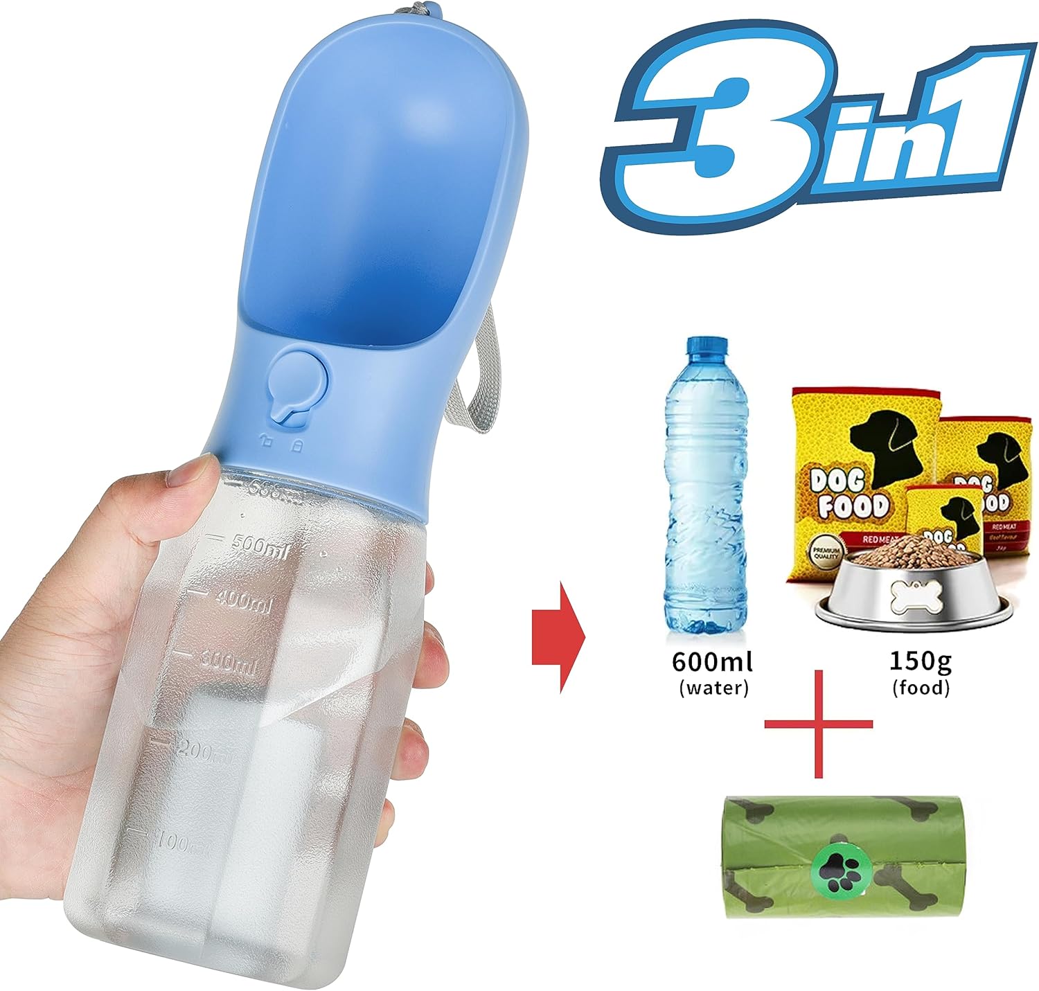 Botella de agua para perros con contenedor de alimentos, dispensador de agua portátil para perros para mascotas para caminar al aire libre,