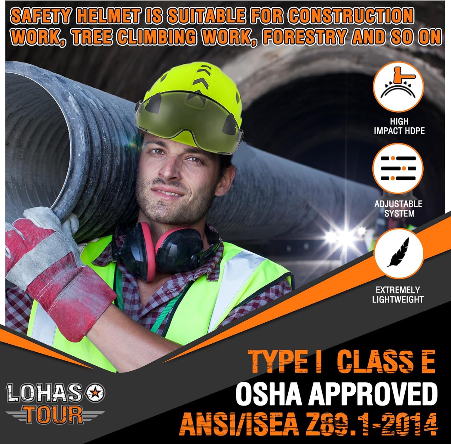 LOHASTOUR Safety Helmet for Construction Vented Hard Hat with Chin Strap ANSI Z89.1 Approved 6 pt Adjustable Suspension Construction Helmet for Men
