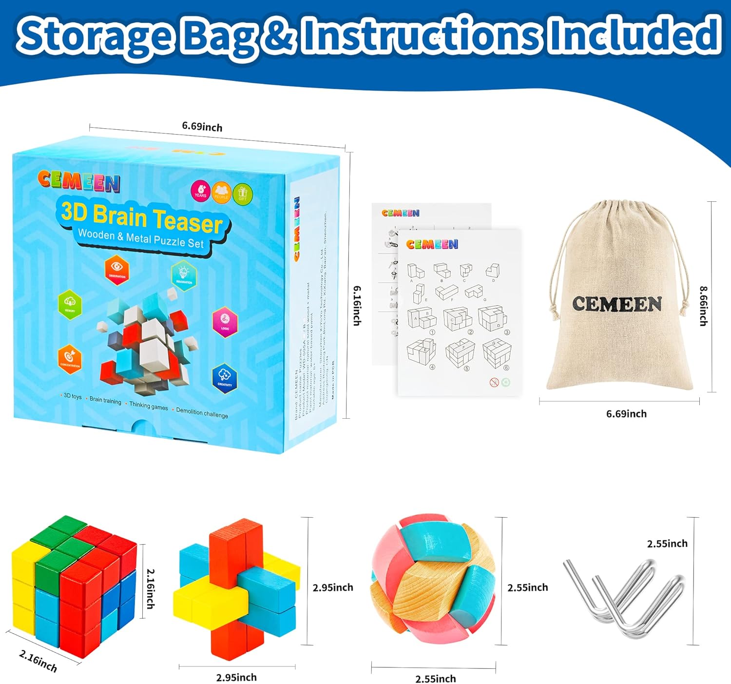 Juego de 11 rompecabezas de rompecabezas 3D – Paquete de 11 juguetes coloridos de madera y metal para desbloquear el cerebro de enclavamiento,