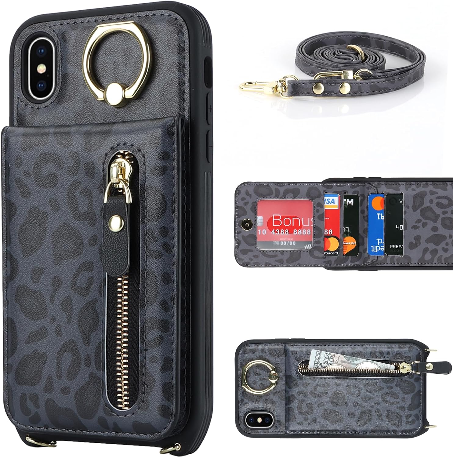 Funda para iPhone Xs Max con tarjetero para mujer, iPhone Xs Max con correa y ranuras para tarjetas de crédito, bandolera con cremallera y función