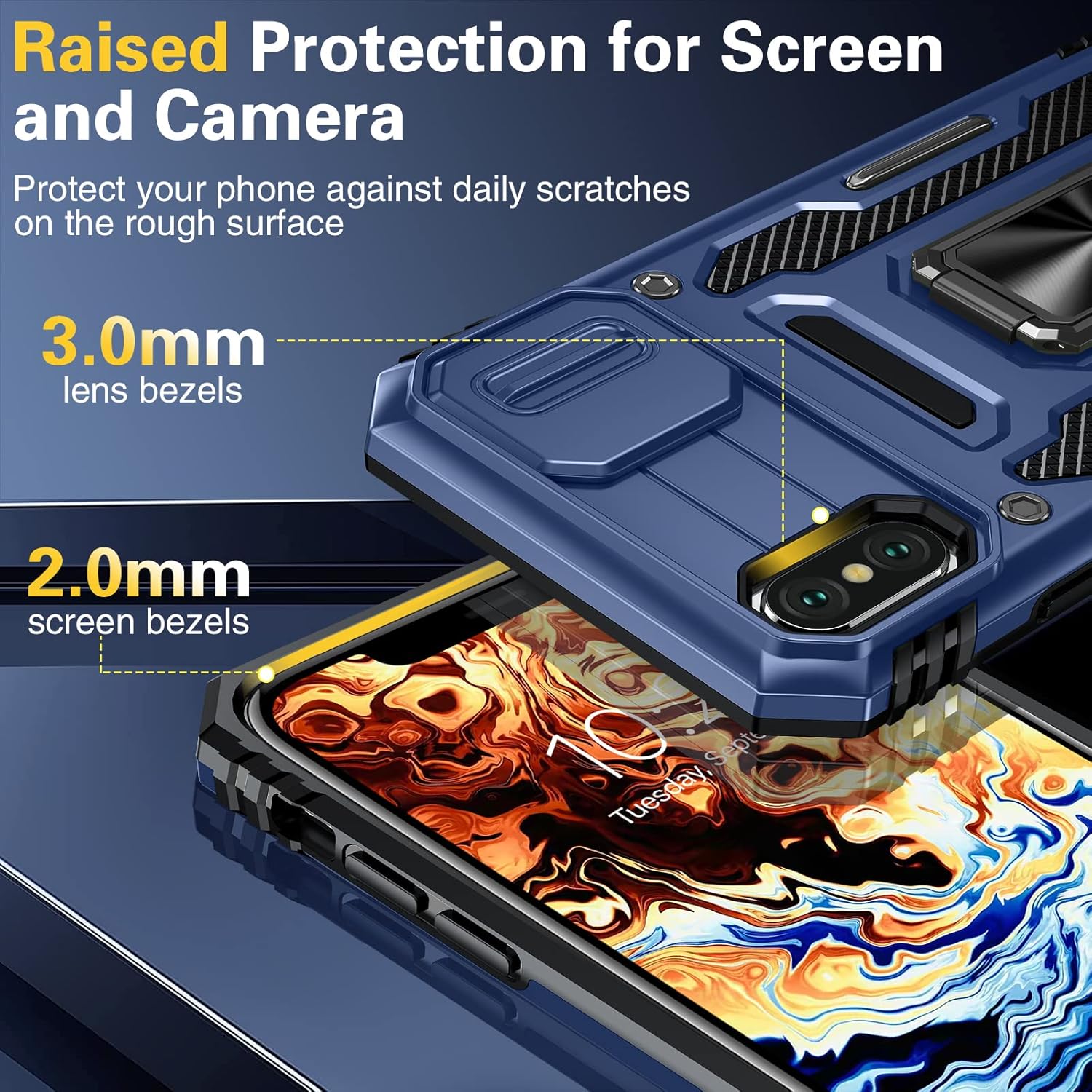 Oterkin Funda para iPhone X, iPhone Xs con cubierta deslizante para cámara y protector de pantalla de vidrio templado, soporte giratorio de 360,