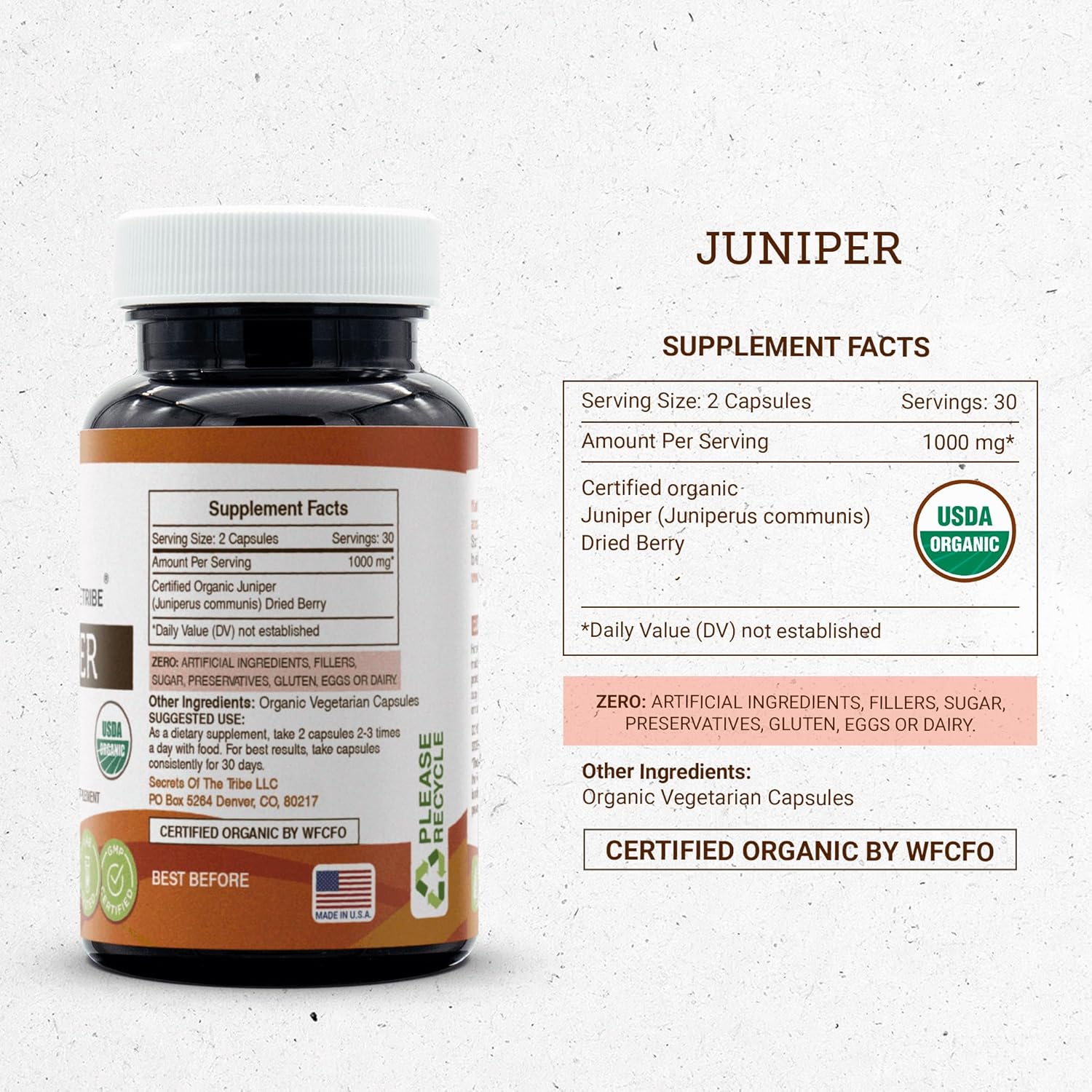 Secrets of the Tribe Juniper USDA Organic 60 cápsulas  Fabricado con cápsulas vegetarianas y enebro orgánico certificado (Juniperus communis) bayas