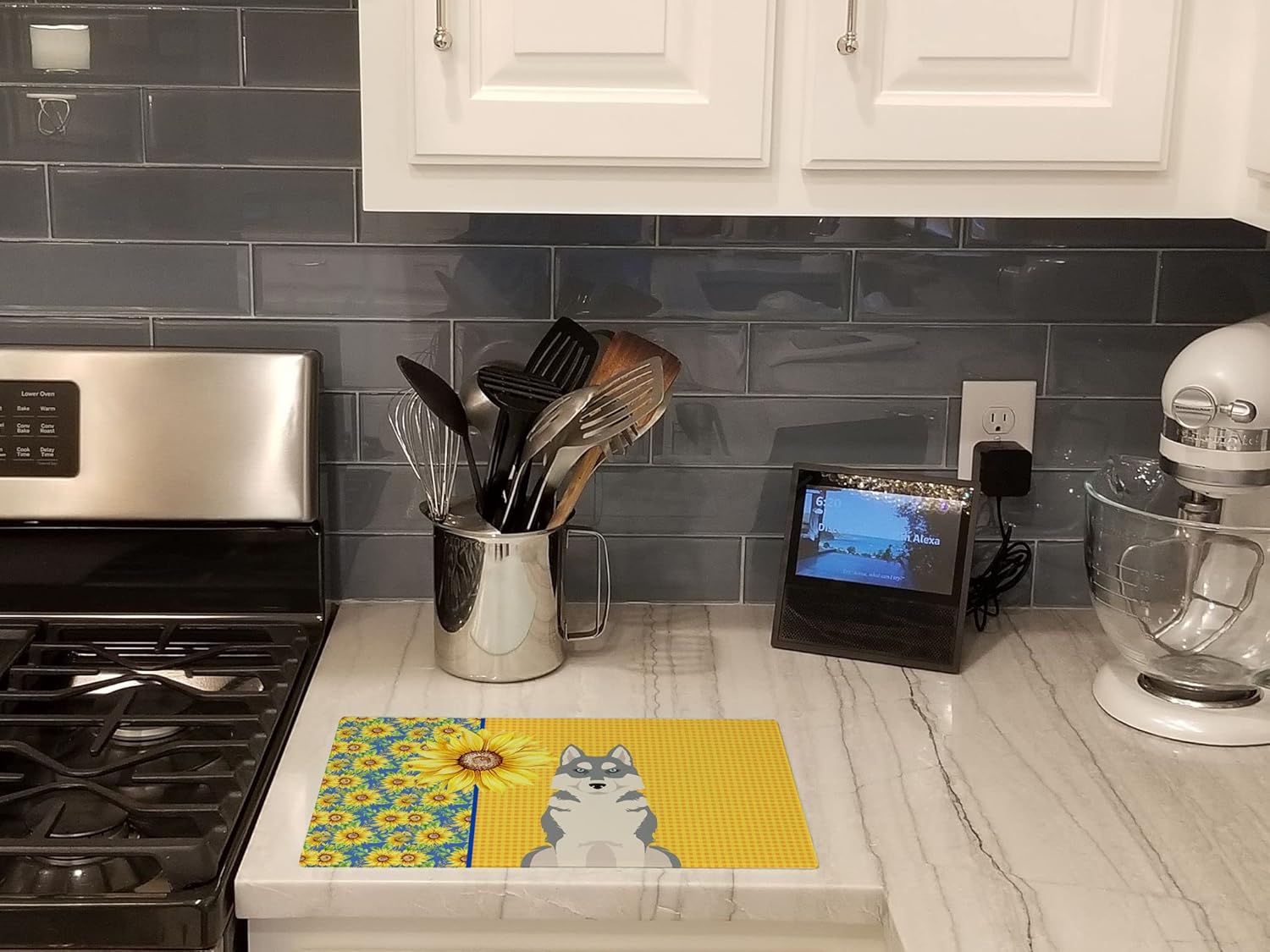 Caroline’s Treasures WDK5491LCB Summer Sunflowers Grey Siberian Husky Glass Cutting Board Large Decorative Tempered Glass Kitchen Cutting and