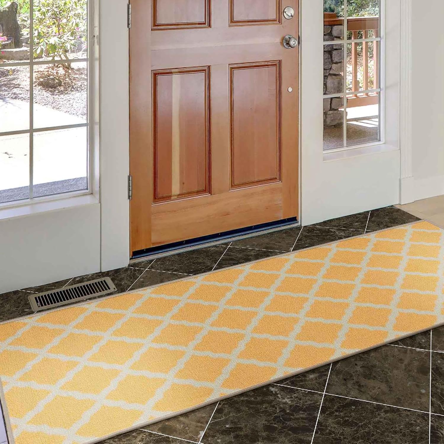 Ottomanson Glamour Collection – Tapete largo con diseño de enrejado marroquí y respaldo de caucho antideslizante para interiores, color amarillo,