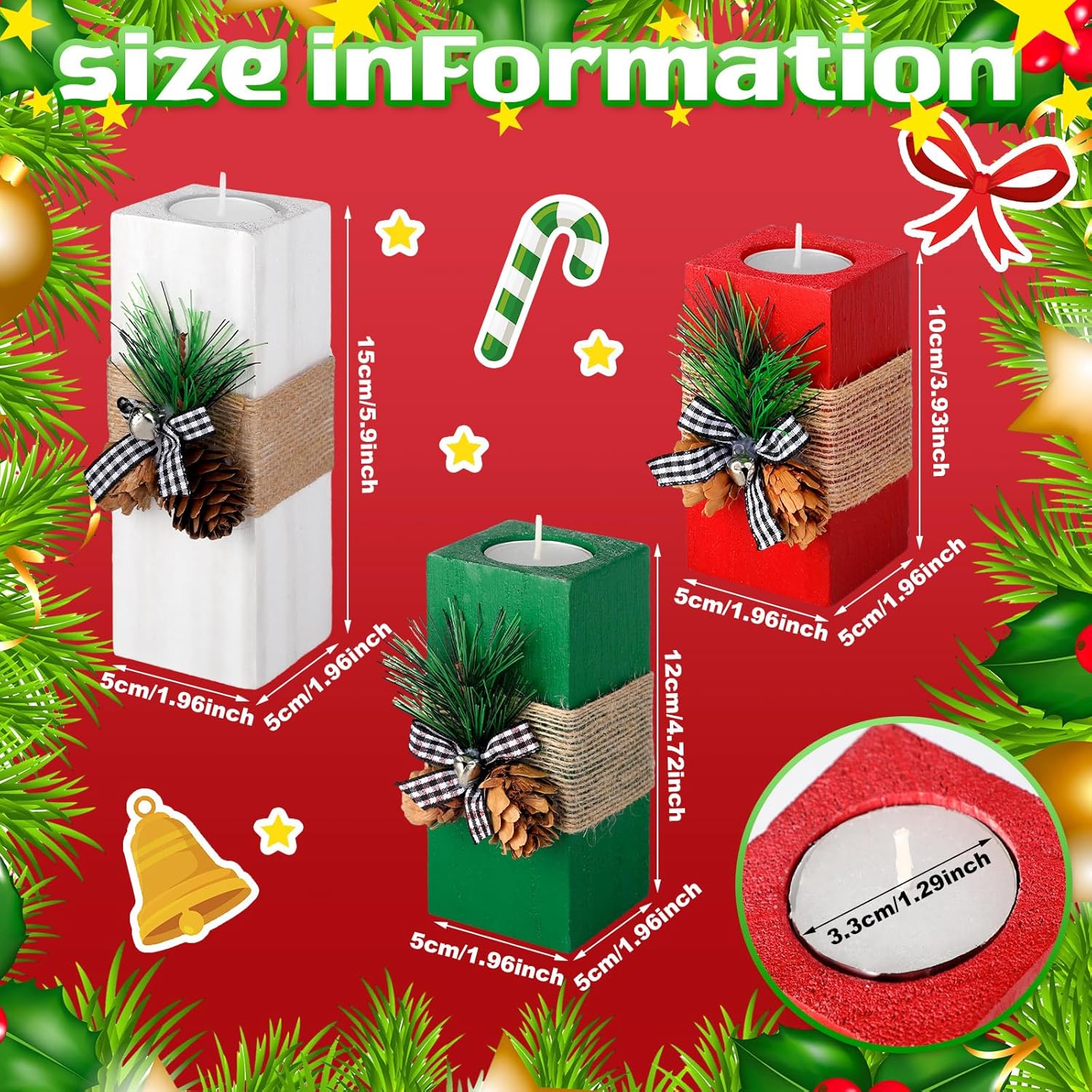 3 portavelas de Navidad con velas de madera, candelabros de Navidad, candelabros de madera votiva roja, blanca y verde, para decoración de centro de