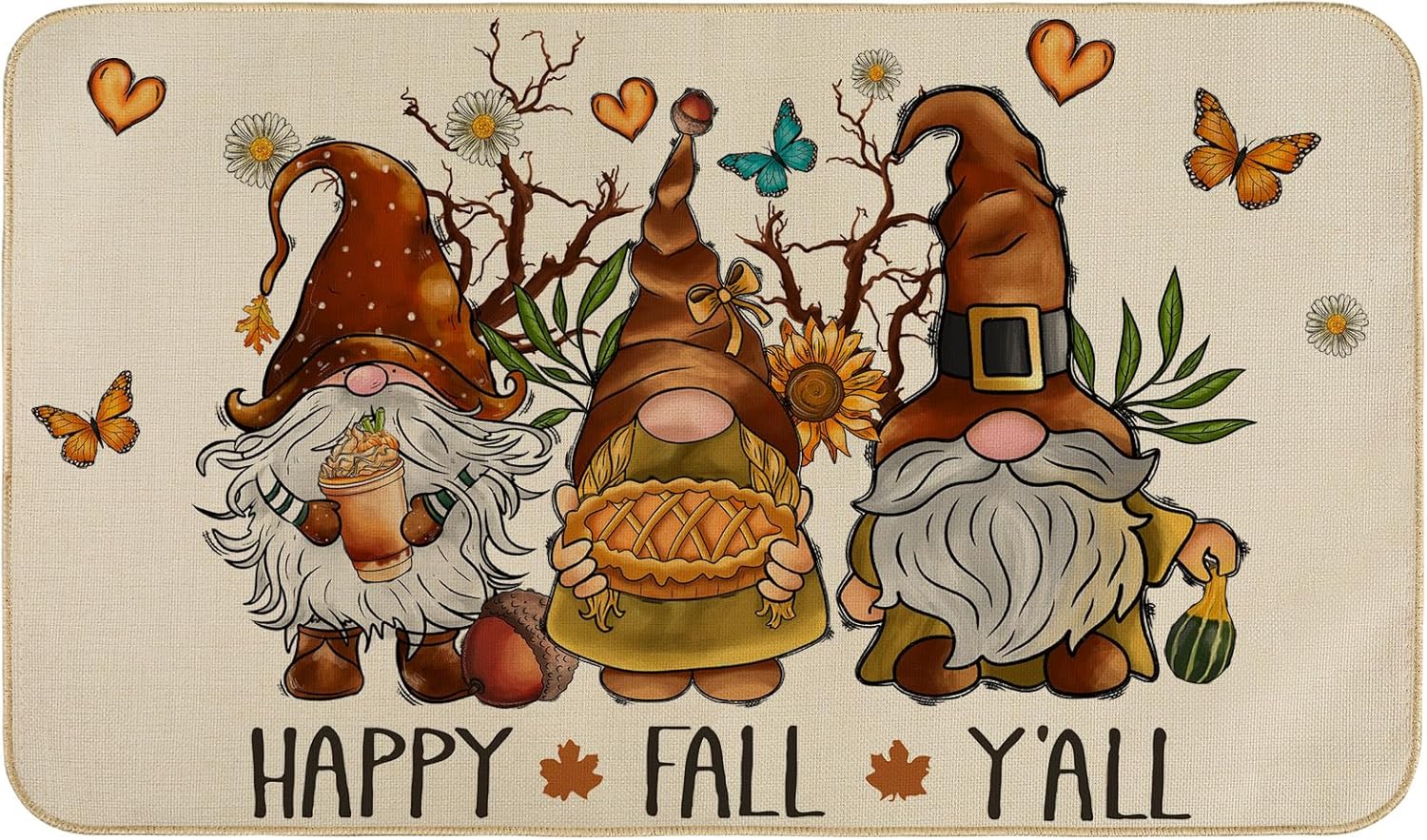 AnyDesign Happy Fall Y’all – Felpudo de otoño, gnomo, girasol, mariposa, tapete de entrada con goma antideslizante para cosecha de otoño, alfombra