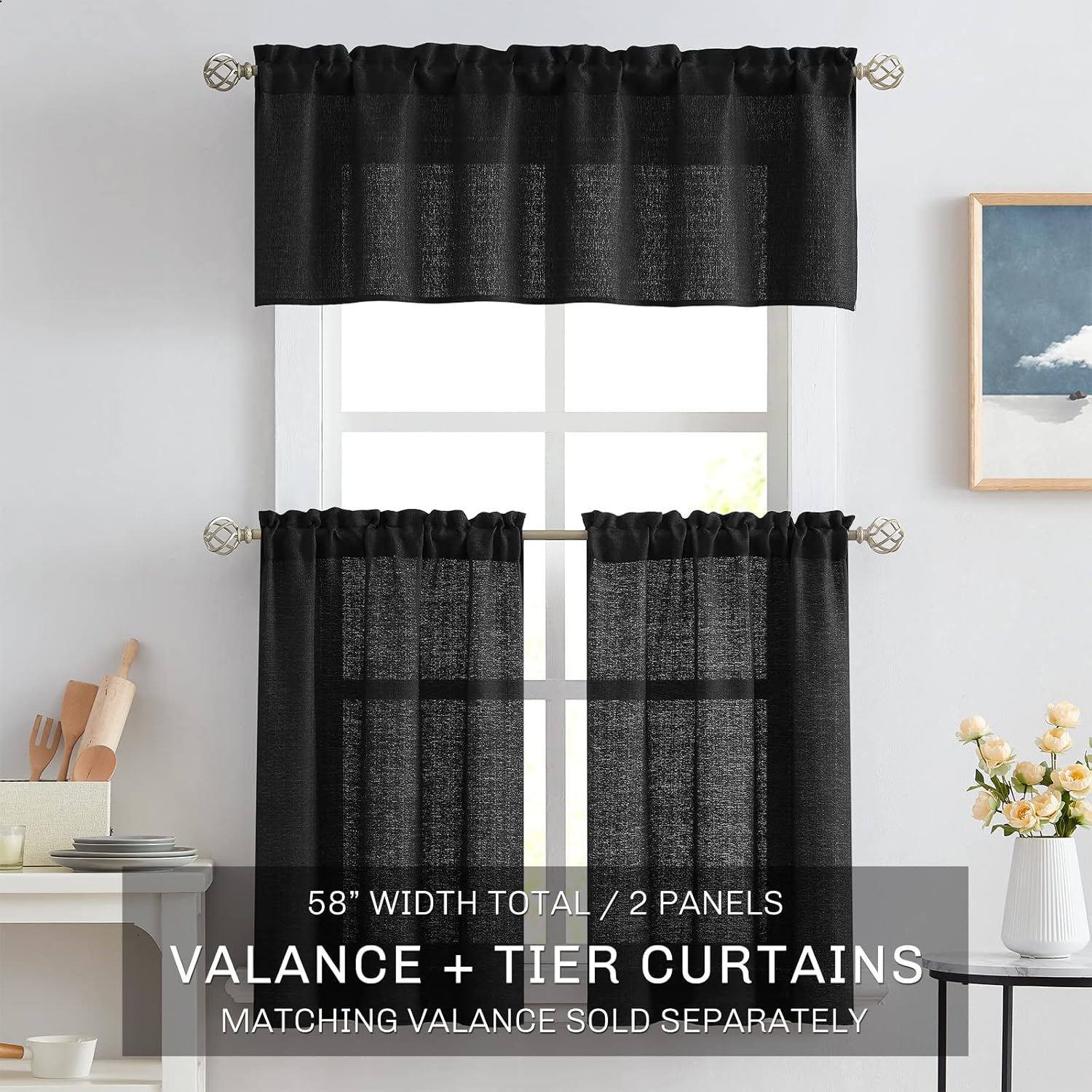 Melodieux Cortinas semitraslúcidas negras de 36 pulgadas de largo para cocina, cafetería, dormitorio, ventanas pequeñas, aspecto de lino, bolsillo