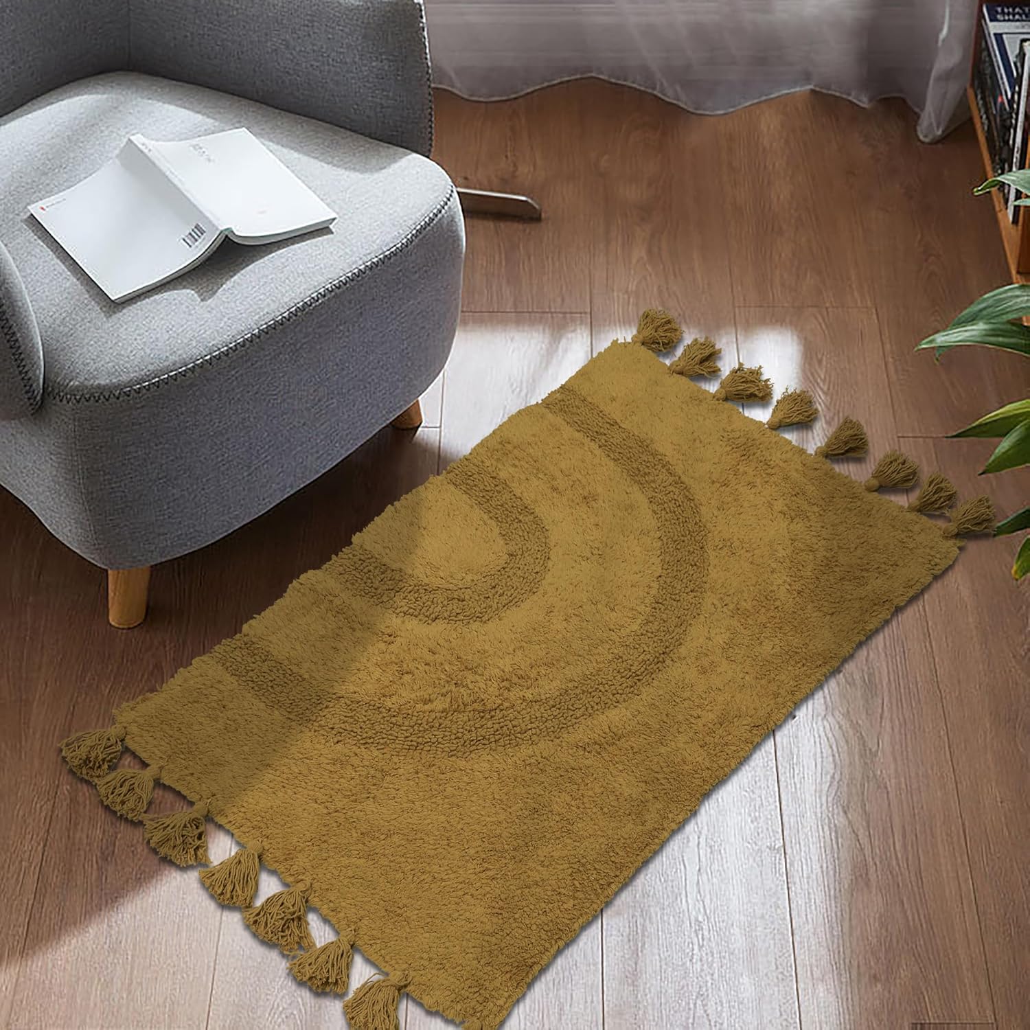 Alfombras de baño bohemias con borlas, 100 % algodón, tejida a mano, antideslizante, absorbente, con almohadilla para alfombra, alfombra de baño