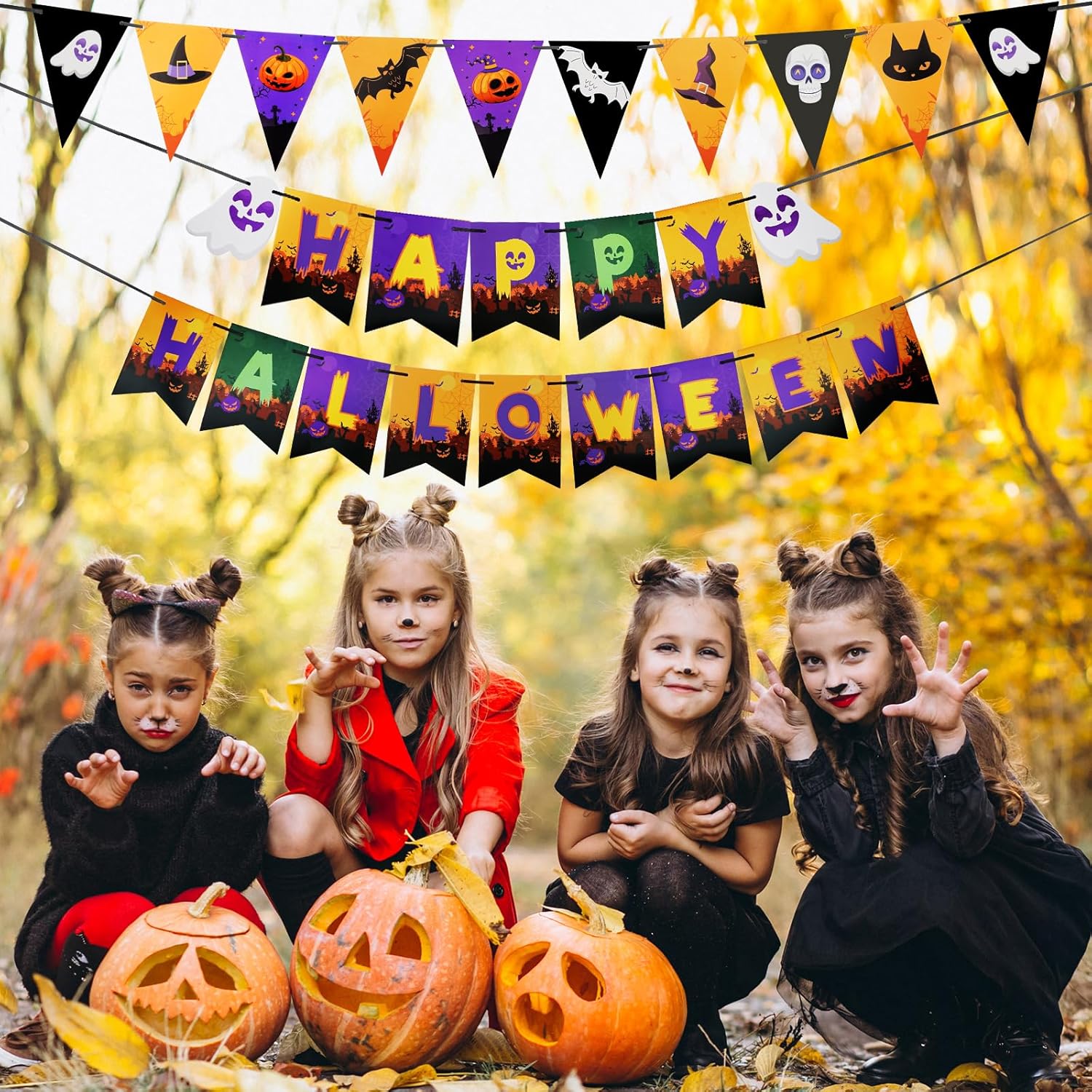 Happy HALLOWEEN – Pancarta de porche delantero, coloridos pancartas de cola de pez y triángulo de Halloween con calavera, murciélago y calabaza,