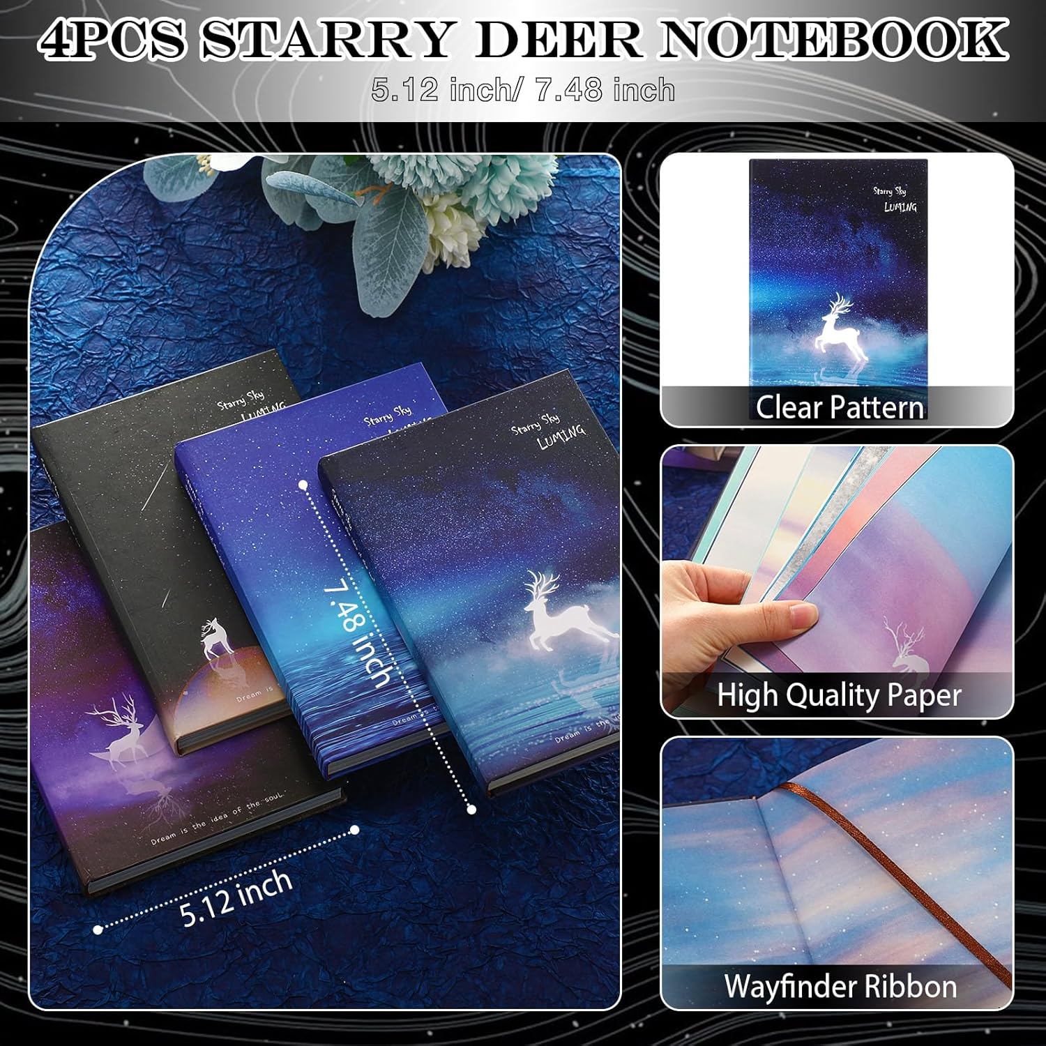 Yeaqee – 4 diarios de escritura de ciervos estrellados de 7.6 x 5.2 pulgadas, cuaderno colorido en blanco para notas diarias, cuaderno estético de