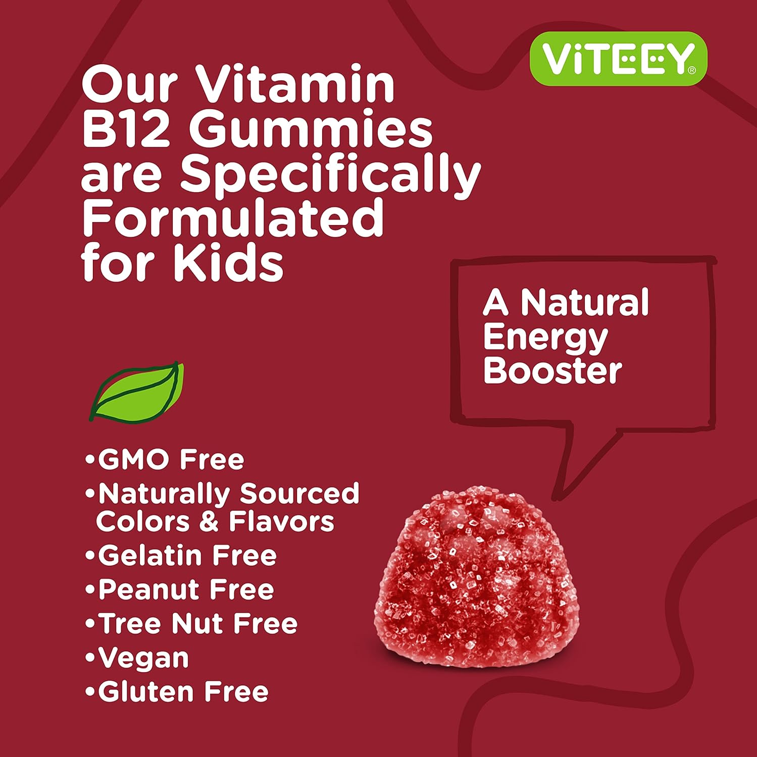 Gomitas de vitamina B12 para niños, 1000 mcg, metabolismo, apoyo energético natural, vegano, sin gluten, sin gelatina, sin OMG, kosher, para